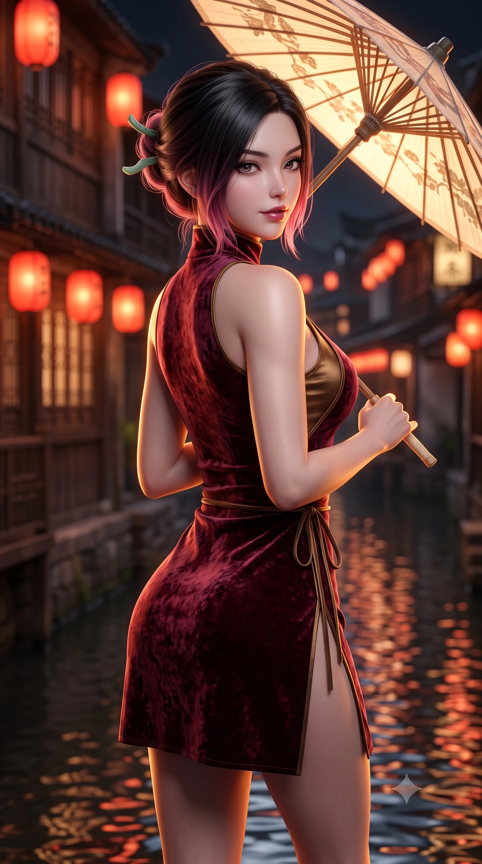 score_9, masterpiece, best quality, ultra-detailed, high-budget anime keyframe, semi-realistic 3D game render, editorial fashion photography, tasteful artistic composition, Korean woman. close-up cowboy shot from the waist and thighs up, the character dominates the composition, filling the frame with her large presence. posing in an alluring rear three-quarter angle, turning over a bare shoulder with an intoxicating gaze, her hips cocked back to highlight her slim hourglass curve while holding an illuminated paper wagasa umbrella with one hand while turning gracefully, her long slender legs and curves accentuated by lantern reflections. The background shows a soft-focus historic wooden machiya teahouse facades and glowing red paper lanterns blurred into warm vermilion, honey, and charcoal bokeh. She has an exceptionally elegant, slender, and willowy female figure with an ultra-slim waist, flat toned midriff, narrow ribcage, and sculpted feminine hips creating an alluring, slim hourglass silhouette without bulk. sharp v-shaped jawline, high-bridge nose, intricate jewel-like dark sparkling almond eyes with depth, thick lashes, glossy parted lips with a natural rose-plum sheen, bright alluring and coquettish smile with bedroom-eyes, exuding both timeless oriental elegance and sovereign high-fashion allure, flawlessly proportioned anatomical accuracy, strict slender model proportions, natural body alignment, perfectly sculpted long slender limbs, ultra-slim waistline, clean dynamic posture without body distortion. wearing a form-contouring sleeveless turtleneck mini dress in liquid silk satin with subtle side hip ties and high slits in deep wine burgundy and brushed antique gold, crafted from sumptuous crushed winter velvet with deep light-absorbing plushness, featuring a modern sculptural jade hair pin securing her loose silky updo, the high-waisted wrap tailoring accentuating her ultra-slim waistline and the enchanting curve of her feminine hips with alluring oriental charm. illuminated by rippling canal water reflections and sharp amber rim lighting sculpting her razor-sharp jawline, narrow waist, and curvy hips. highly saturated vibrant anime colors, detailed shading with soft gradients, rich glossy textures, high-contrast stereoscopic depth, volumetric dynamic lighting, master piece, 9:16 ratio