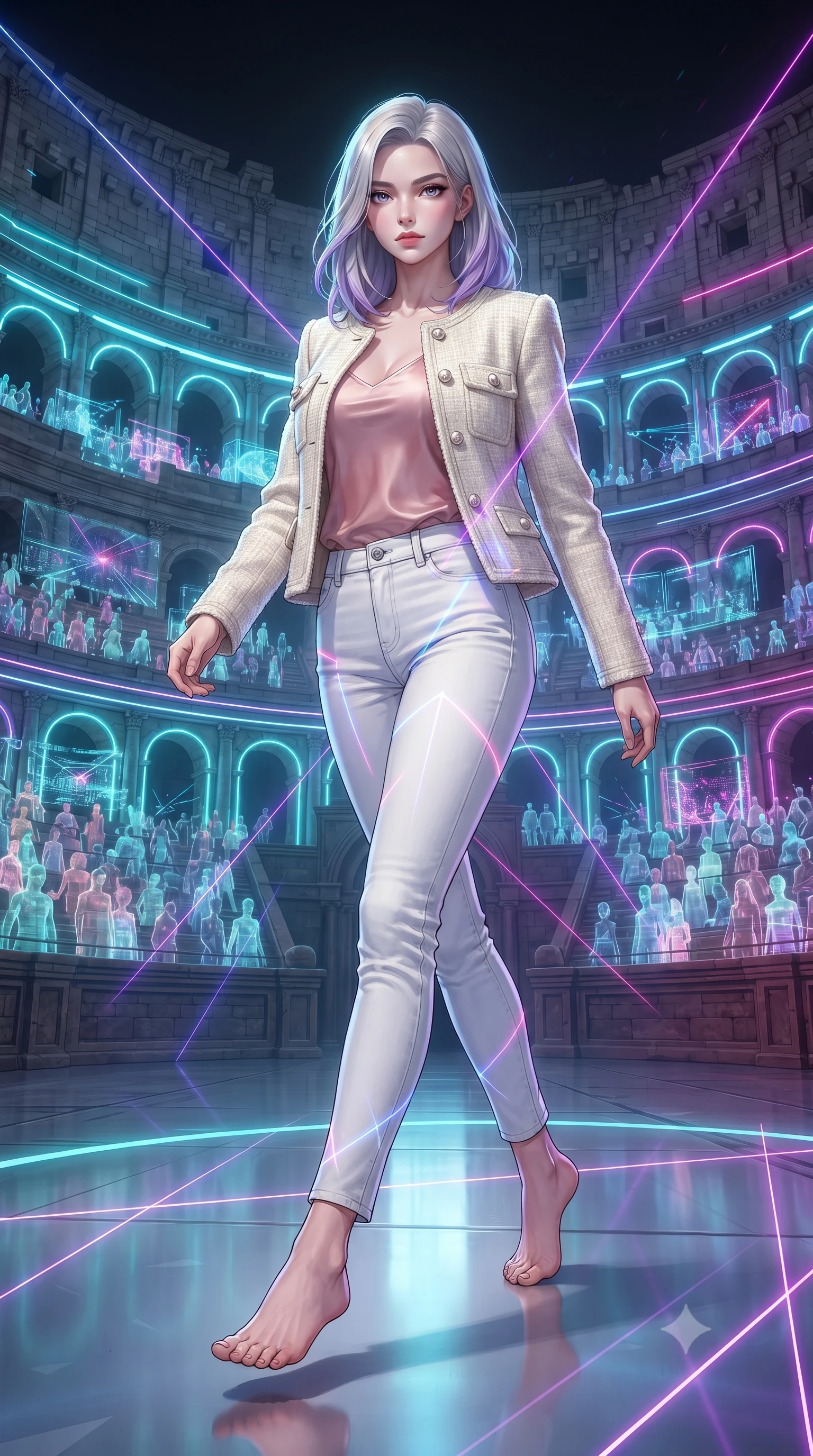 score_9, masterpiece, best quality, ultra-detailed, high-budget anime keyframe, editorial fashion photography, tasteful artistic composition, Caucasian woman, strictly human ears. low angle full-body shot from head to toe showing her feet, filling the entire 9:16 vertical frame with her statuesque presence, stretching her vertical silhouette. striding with confident determination through the Roman Colosseum reimagined as a futuristic entertainment arena with holographic spectators filling the ancient stone tiers neon light strips tracing every arch and the arena floor a smooth reflective surface. She has a statuesque 8.5-heads proportion, an exceptionally tall, slender and willowy model-like build with impossibly long legs and a highly sculpted ultra-slim waist. sharp v-shaped jawline, high-bridge nose, intricate jewel-like eyes with depth, thick eyelashes, glossy lips with a natural sheen. wearing a structured ivory tweed jacket with pearl buttons over a blush pink silk camisole and white denim trousers. laser lines of violet and hot pink reflecting off surfaces casting geometric neon highlights. 2k, ultra detail, master piece, 9:16 ratio