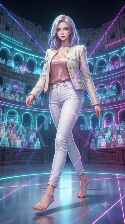 score_9, masterpiece, best quality, ultra-detailed, high-budget anime keyframe, editorial fashion photography, tasteful artistic composition, Caucasian woman, strictly human ears. low angle full-body shot from head to toe showing her feet, filling th