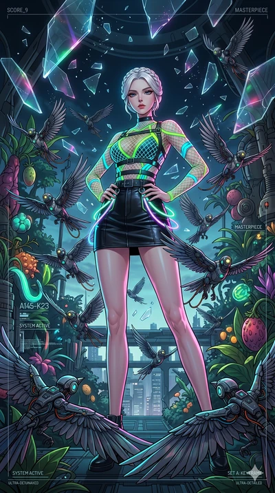 score_9, masterpiece, best quality, ultra-detailed, Set A: High-budget Anime Keyframe, Korean woman. Low angle cowboy shot filling the entire 9:16 frame with her statuesque presence. Standing victoriously through a floating botanical garden, surround