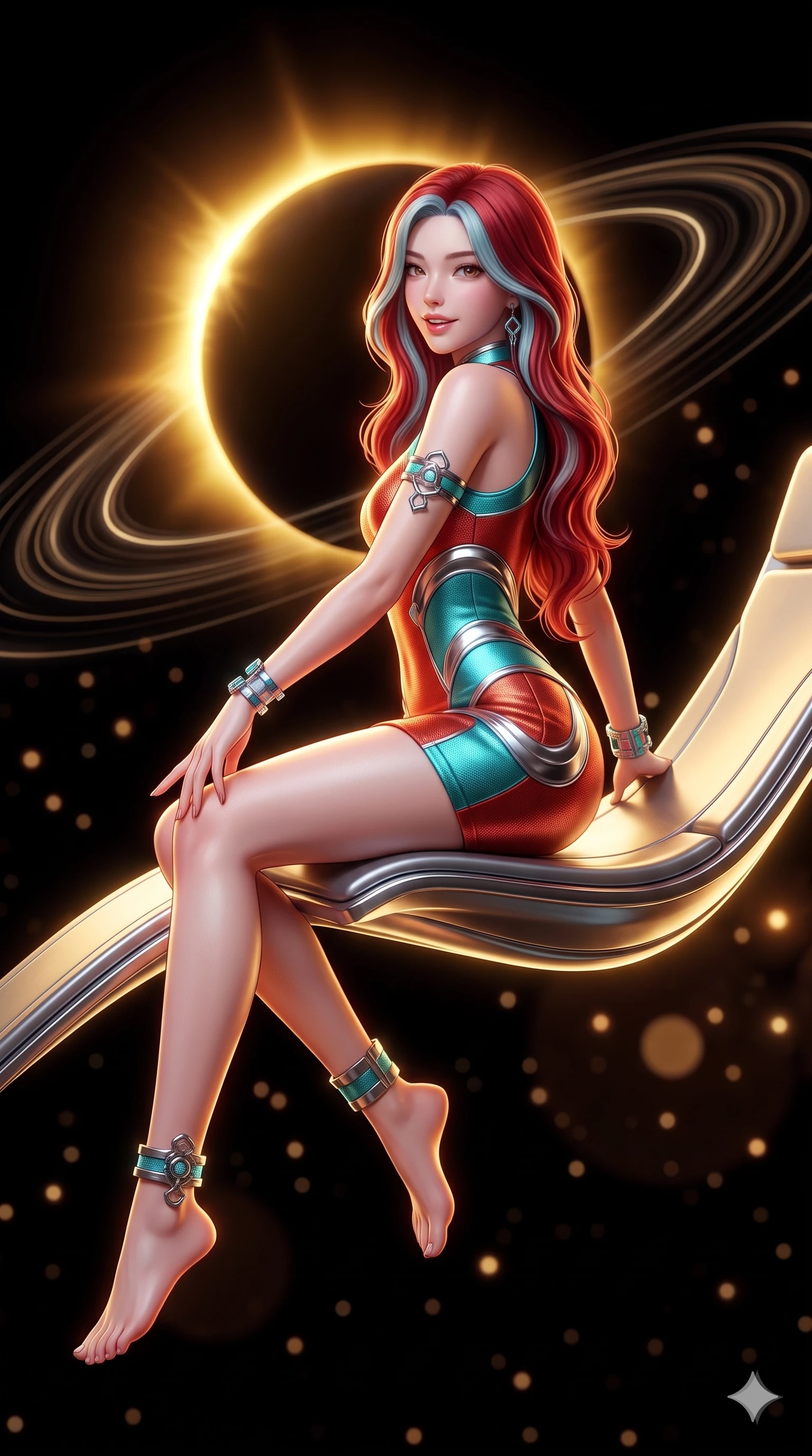 score_9, masterpiece, best quality, ultra-detailed, high-budget anime keyframe, semi-realistic 3D game render, editorial fashion photography, tasteful artistic composition, Caucasian woman. low angle full-body shot from head to toe showing her feet, filling the entire 9:16 vertical frame with her statuesque presence, stretching her vertical silhouette. executing a slow, graceful pivot turn as her skirt sways around her slender legs, glancing back with an enchanting, teasing sensual expression while sitting gracefully on the floating antigravity lounge with legs crossed, flashing a playful, coquettish smile with parted glossy lips. The background shows a soft-focus blinding golden solar corona flare around the black moon silhouette, concentric glowing orbital rings, and distant starfield blurred into gold, amber, and onyx bokeh. She has an exceptionally tall and slender model-like 8.5-heads proportion, an ultra-slim waist, a flat toned midriff, narrow delicate ribcage, and beautifully sculpted feminine hips creating a graceful, slim hourglass silhouette without any bulky heaviness, with impossibly long slender legs. sharp v-shaped jawline, high-bridge nose, intricate jewel-like sparkling eyes with depth, thick eyelashes, glossy parted lips with a natural peach sheen, bright cheerful beaming smile with an enchanting and coquettish sensual glint, exuding both youthful cute charm and seductive allure, flawlessly proportioned anatomical accuracy, strict slender model proportions, natural body alignment, perfectly sculpted long slender limbs, ultra-slim waistline, clean dynamic posture without body distortion. wearing a provocative open-waist cutout mini dress framed by sculptural chrome hardware and thigh-high slit in cyber-shinto vermilion and laser turquoise, tailored from high-density tech-wool with subtle metallic thread weave, accented with a chrome-drop body harness subtly framing her dewy collarbones and spine, the form-contouring silhouette accentuating her sculpted flat midriff, narrow delicate ribcage, and gracefully curvy hips with intoxicating allure. bathed in the blinding warm golden 4500K synchrotron radiance of the solar corona contrasted with deep jet-black space void. highly saturated vibrant anime colors, detailed shading with soft gradients, rich glossy textures, high-contrast stereoscopic depth, volumetric dynamic lighting, master piece, 9:16 ratio