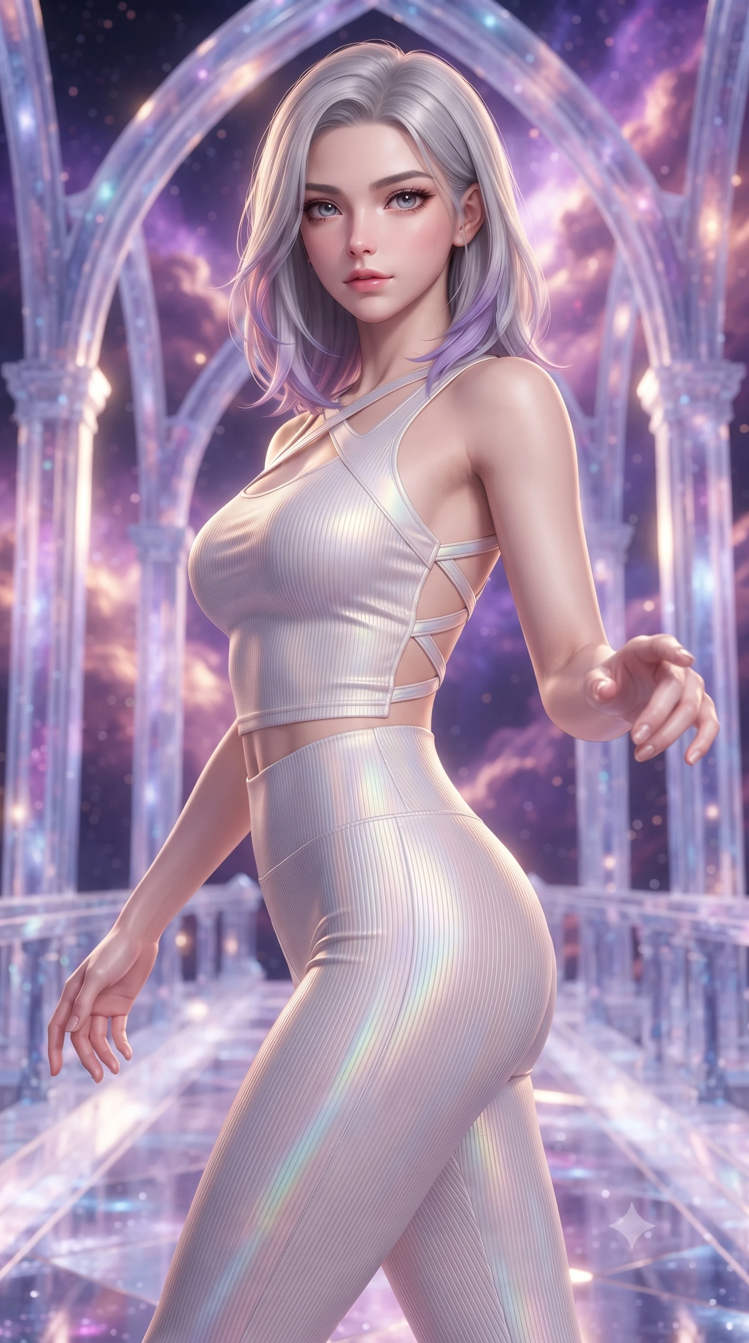 score_9, masterpiece, best quality, ultra-detailed, high-budget anime keyframe, editorial fashion photography, tasteful artistic composition, Caucasian woman. close-up cowboy shot from the waist and thighs up, the character dominates the composition, filling the frame with her large presence, background elements kept in soft focus. Reaching her hand gracefully toward the camera with magnetic allure, her torso turning in a dynamic S-curve alignment while stepping forward with proud posture along a crystalline bridge under a cosmic aurora, vivid purple and rose-gold nebula clouds glowing through cathedral-like arches. She has an exceptionally elegant, slender, and willowy female figure with an ultra-slim waist, a gracefully sculpted slender torso, and a refined silhouette. sharp v-shaped jawline, high-bridge nose, intricate jewel-like eyes with depth, thick eyelashes, glossy lips with a natural sheen, flawlessly proportioned anatomical accuracy, natural body alignment, perfectly sculpted elegant limbs, clean dynamic posture without body distortion. wearing a form-fitting ribbed activewear set with elegant collar cutouts in pearl white and rose gold, crafted from iridescent chiffon that shifts colors in the light, complemented by criss-cross back straps highlighting her bare shoulders, the form-contouring material highlighting her ultra-slim waist and long lines. surrounded by a divine cosmic aura with bright golden specular rim lights. ultra-reflective glossy finish, specular highlights, metallic sheen, high-contrast stereoscopic depth, volumetric dynamic lighting, 2k, ultra detail, master piece, 9:16 ratio