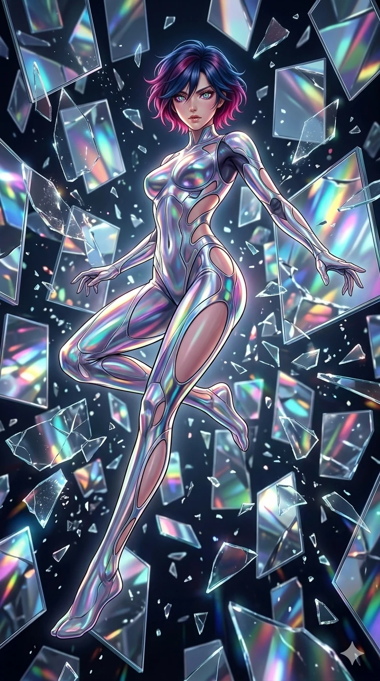 score_9, masterpiece, best quality, ultra-detailed, Set A: High-budget Anime Keyframe, Korean woman. Low angle cowboy shot filling the entire 9:16 frame with her statuesque presence. Leaping through a dimension of floating mirrors, while her eyes glow with 180 different colors and surrounded by shattered glass fragments. She has an absolutely perfect 8-heads proportion, an exceptionally tall and slender female figure with impossibly long slender legs and an ultra-slim waist. Sharp v-shaped jawline, high-bridge nose, intricate jewel-like eyes with depth, thick eyelashes, glossy lips with a natural sheen. Wearing Minimalist tech-suit with negative-space cutouts and liquid metal textures. Cinematic lighting, vibrant colors, dramatic shadows, 2k, ultra detail, master piece, 9:16 ratio
