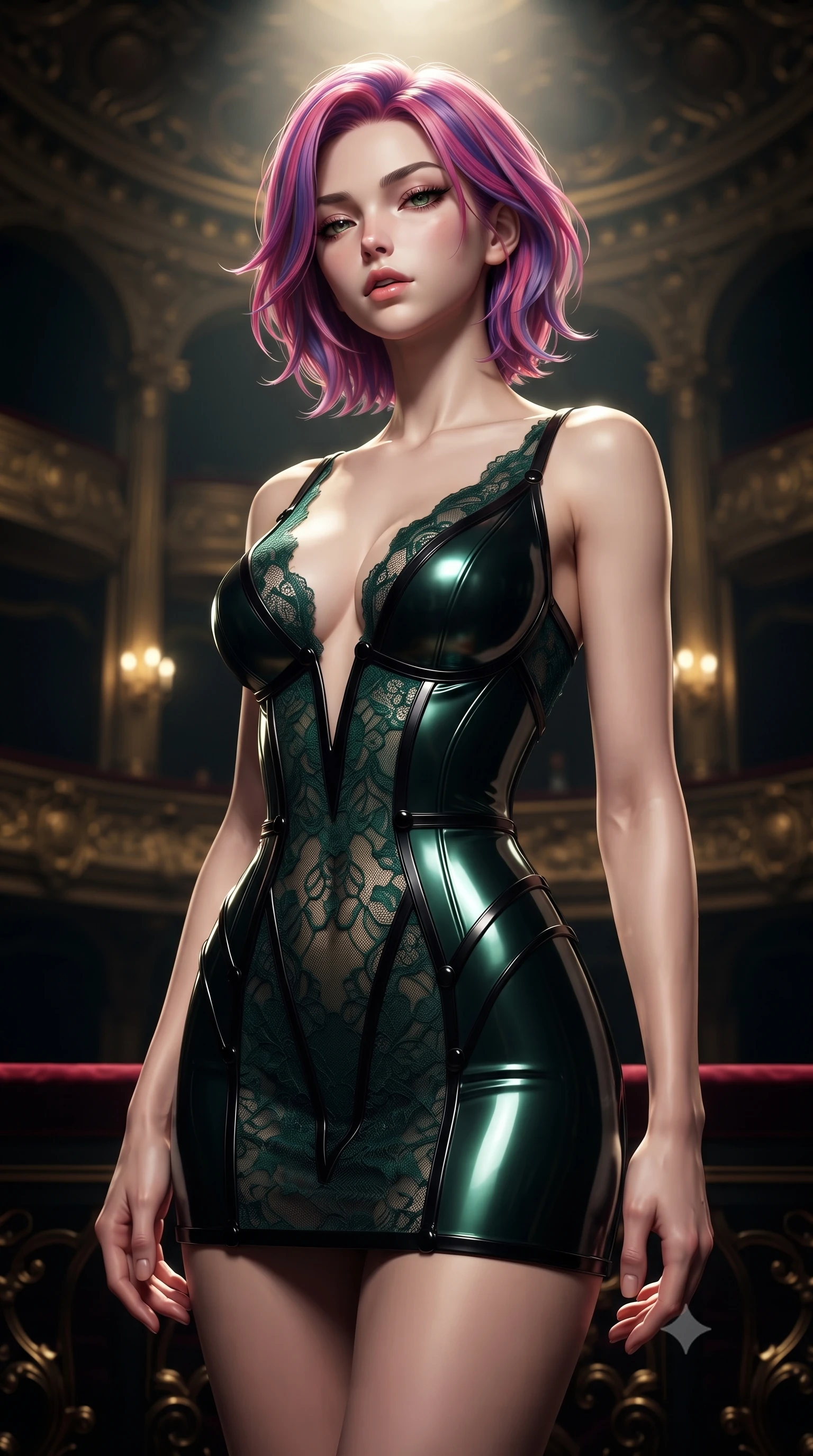 score_9, masterpiece, best quality, ultra-detailed, high-budget anime keyframe, editorial fashion photography, tasteful artistic composition, Caucasian woman. close-up cowboy shot from the waist and thighs up, the character dominates the composition, filling the frame with her large presence, background elements kept in soft focus. Tilting her chin up slightly with lips parted in a composed, mysterious expression, looking down with composed elegance from a dark baroque opera balcony, dramatic theatrical stage spotlight casting intense key light from afar. She has an exceptionally elegant, slender, and willowy female figure with an ultra-slim waist, a gracefully sculpted slender torso, and a refined silhouette. sharp v-shaped jawline, high-bridge nose, intricate jewel-like eyes with depth, thick eyelashes, glossy lips with a natural sheen. wearing deep V-neck corset bodice mini dress with sheer dark lace panels in deep emerald green, made of sculpted obsidian metallic chrome, adorned with minimalist black onyx hardware framing the silhouette, highlighting her statuesque proportions and ultra-slim waistline. surrounded by dramatic theatrical chiaroscuro with sharp gold rim highlights. highly saturated vibrant anime colors, detailed shading with soft gradients, rich glossy textures, high-contrast stereoscopic depth, volumetric dynamic lighting, master piece, 9:16 ratio