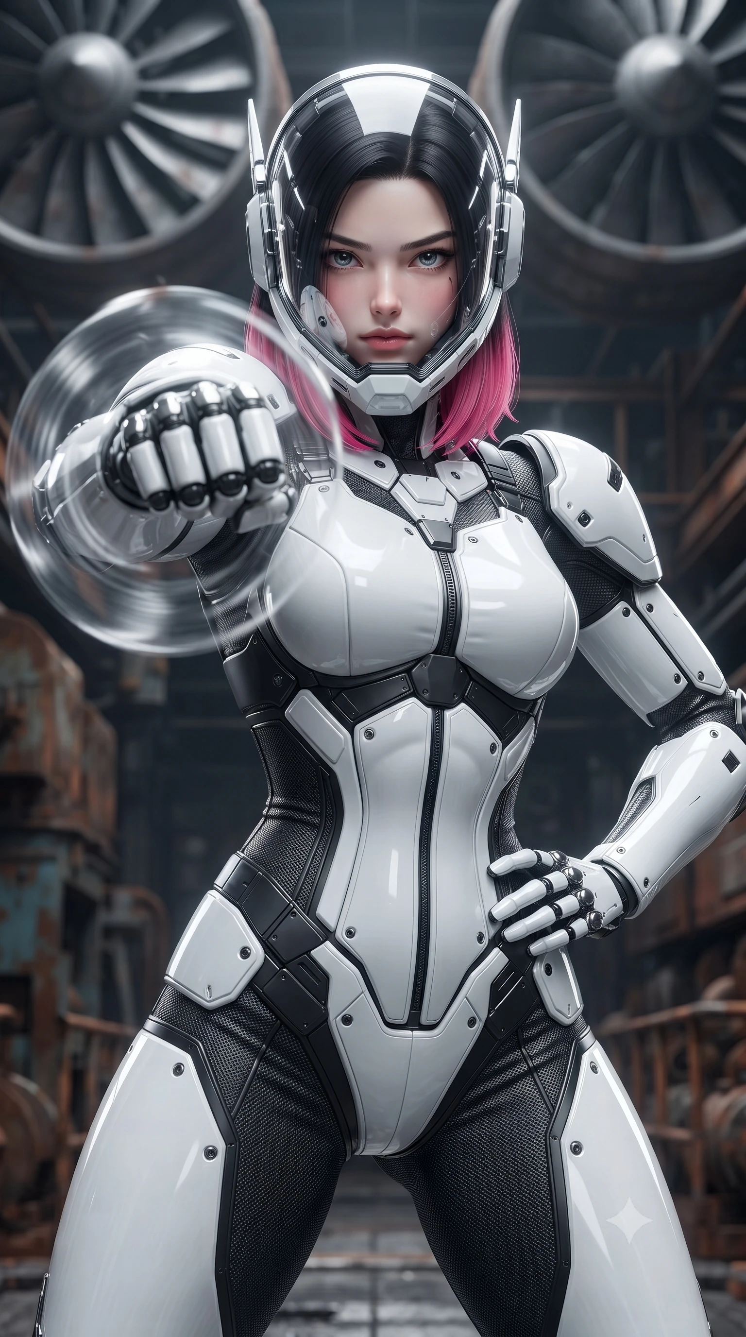score_9, masterpiece, best quality, ultra-detailed, high-budget anime keyframe, editorial fashion photography, tasteful artistic composition, Korean woman. close-up cowboy shot from the waist and thighs up, the character dominates the composition, filling the frame with her large presence. thrusting a high-speed kinetic punch toward the camera, a visible conical shockwave distortion wrapping around her armored forearm while resting one hand on her hip with a haughty, captivating battle smirk as giant exhaust turbines turn slowly overhead. The surrounding environment is rendered in vivid detail and crisp panoramic clarity. sharp ear-sensor crown LED filaments, detailed carbon armor weave, and rusted machine textures in deep focus. She has an exceptionally elegant, slender, and willowy female figure with an ultra-slim waist, a gracefully sculpted slender torso, toned flat midriff, and a refined slim silhouette. sharp v-shaped jawline, high-bridge nose, intricate jewel-like eyes with depth, thick eyelashes, glossy lips with a natural sheen, fierce and resolute heroine expression, flawlessly proportioned anatomical accuracy, strict slender model proportions, natural body alignment, perfectly sculpted long slender limbs, ultra-slim waistline, clean dynamic posture without body distortion. wearing a crystal-clear transparent armored riot-visor helmet showing her entire beautiful face and determined expression with pristine clarity, paired with a statuesque high-fashion cyber-warrior armor suit with platinum bevels, heavy articulated shoulder guards, and an ultra-slim waist-cinching corset in monochrome white enamel carbon with high-contrast black tactical panels, tailored from flexible second-skin ballistic carbon-mesh adhering flawlessly to her athletic build, detailed with kinetic shock-dampening knuckle guards and polished chrome connection joints, the glove-like aerodynamic second-skin fit tightly clinging to her ultra-slender waist and athletic curves without adding bulk, accentuating her razor-sharp statuesque lines and slim hourglass silhouette. illuminated by crisp specular highlights tracing her sculpted flat midriff, bare spine, and slender limbs. ultra-reflective glossy finish, specular highlights, dark metallic sheen, high-contrast stereoscopic depth, volumetric dynamic lighting, 2k, ultra detail, master piece, 9:16 ratio