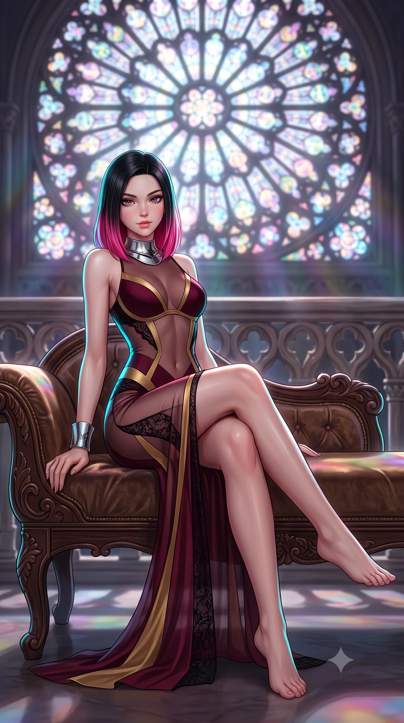score_9, masterpiece, best quality, ultra-detailed, high-budget anime keyframe, semi-realistic 3D game render, editorial fashion photography, tasteful artistic composition, Korean woman. low angle full-body shot from head to toe showing her feet, filling the entire 9:16 vertical frame with her statuesque presence, stretching her vertical silhouette. lounging on the lavish daybed with legs crossed and hips angled toward the camera, displaying her toned midriff and long slender limbs with effortless siren poise while twisting her slender torso in an alluring contrapposto stance, multicolored moonlight from the giant rose window tracing her hourglass curves. The background shows a soft-focus carved gallery balustrades softened in sacred gothic cathedral shallow focus. She has an absolutely perfect, statuesque 8.5-heads proportion, an exceptionally tall and slender model-like female figure with impossibly long slender legs, an ultra-slim waist, a flat toned midriff, narrow delicate ribcage, and beautifully sculpted feminine hips creating a graceful, slim hourglass silhouette without any bulky heaviness. sharp v-shaped jawline, high-bridge nose, sparkling eyes with hypnotic seductive depth, thick curled eyelashes, glossy parted lips with a natural dewy peach sheen, alluring bedroom-eyes with an enchanting coquettish smile, exuding magnetic siren charisma and sophisticated glamour, flawlessly proportioned anatomical accuracy, strict slender model proportions, natural body alignment, perfectly sculpted long slender limbs, ultra-slim waistline, clean dynamic posture without body distortion. wearing a provocative sheer illusion mesh column gown with opaque geometric panels strategically hugging her curves in smoldering bordeaux wine and liquid gold with black chantilly lace, made of semi-opaque stretch illusion mesh with soft shadowy contours, finished with a sculptural silver torque collar and a matching wide architectural wrist cuff, the glove-like clinging cut tightly following the natural contour of her hips and long slender legs with youthful 8.5-heads elegance. illuminated by tin pipe specular reflections and sharp electric-cyan rim lights sculpting her jawline, narrow waist, and curvy hips. highly saturated vibrant anime colors, detailed shading with soft gradients, rich glossy textures, high-contrast stereoscopic depth, volumetric dynamic lighting, master piece, 9:16 ratio
