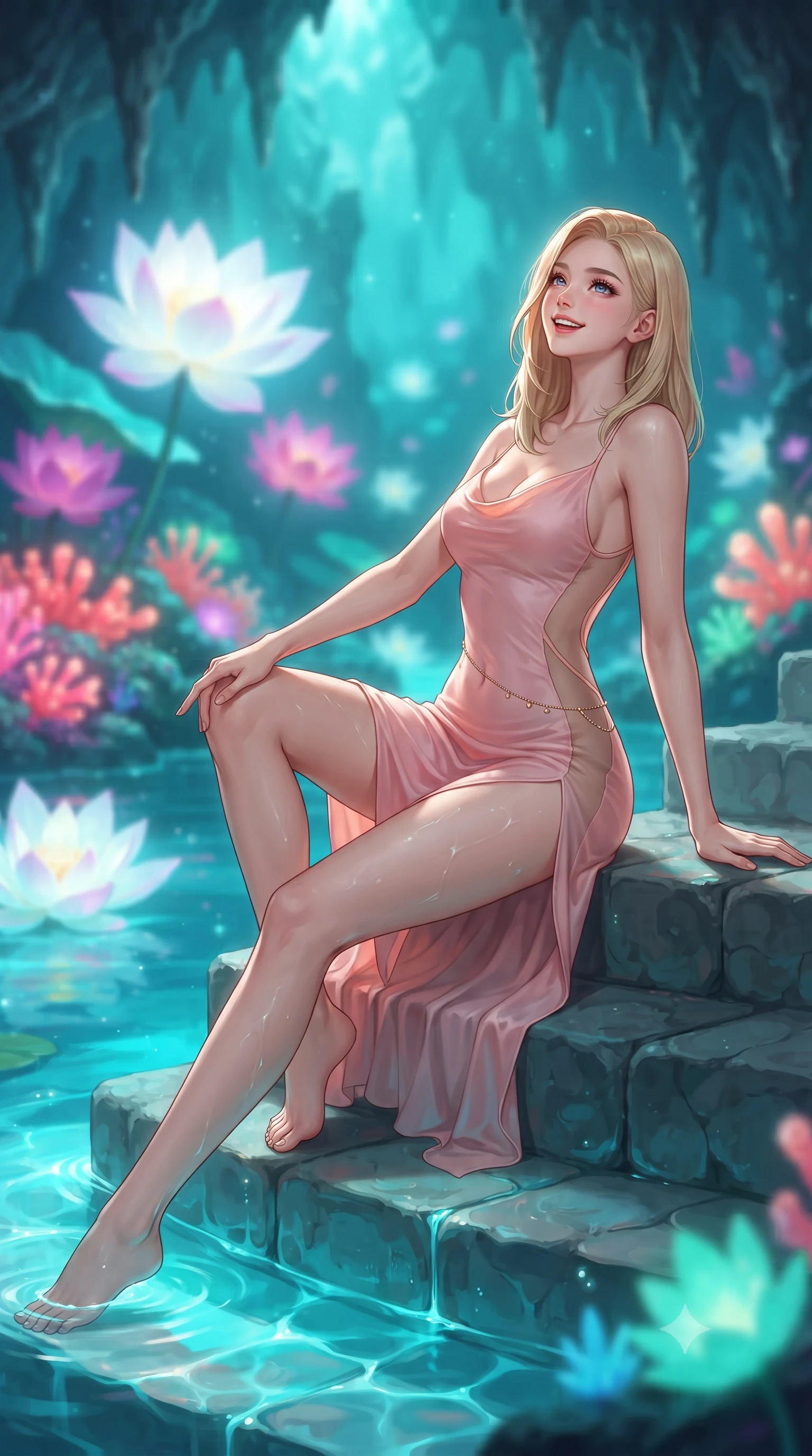 score_9, masterpiece, best quality, ultra-detailed, high-budget anime keyframe, editorial fashion photography, tasteful artistic composition, Korean woman. low angle full-body shot from head to toe showing her feet, filling the entire 9:16 vertical frame with her statuesque presence, stretching her vertical silhouette. sitting poised on the stone steps with one knee bent, arching her spine with supermodel elegance as she glances upward through thick eyelashes while reclining gracefully on the submerged heated limestone shelf with legs extended, displaying her long slender limbs and statuesque hourglass silhouette against the radiant pool. The background shows a soft-focus giant glowing white and magenta lotus blossoms, pulsing fluorescent coral polyps, and stalactite ceiling blurred into turquoise, coral, and emerald bokeh. She has an exceptionally tall and slender model-like 8.5-heads proportion, an ultra-slim waist, a flat toned midriff, narrow delicate ribcage, and beautifully sculpted feminine hips creating a graceful, slim hourglass silhouette without any bulky heaviness, with impossibly long slender legs. sharp v-shaped jawline, high-bridge nose, intricate jewel-like sparkling eyes with depth, thick eyelashes, glossy parted lips with a natural peach sheen, bright cheerful beaming smile with an enchanting and coquettish sensual glint, exuding both youthful cute charm and seductive allure, flawlessly proportioned anatomical accuracy, strict slender model proportions, natural body alignment, perfectly sculpted long slender limbs, ultra-slim waistline, clean dynamic posture without body distortion. wearing a form-contouring gossamer silk chiffon slip dress with a hip-high slit and open cowl back clinging with dewy moisture in Solaris liquid rose-quartz and alien peach, featuring strategic sheer-illusion tulle side panels framing her ribcage and hips, accented with a dainty gold belly chain resting across her flat midriff and curving hips, the form-contouring silhouette accentuating her sculpted flat midriff, narrow delicate ribcage, and gracefully curvy hips with intoxicating allure. illuminated by water caustics bounce and sharp aquamarine-pink rim lights defining her razor-sharp jawline, narrow waist, and curvy hips. ultra-reflective glossy finish, specular highlights, rich textural contrasts, high-contrast stereoscopic depth, volumetric dynamic lighting, 2k, ultra detail, master piece, 9:16 ratio