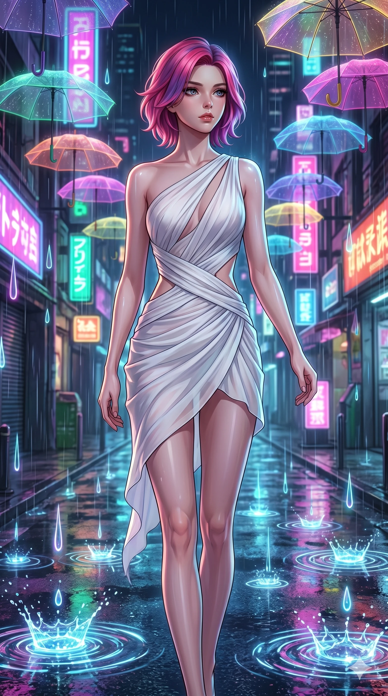 score_9, masterpiece, best quality, ultra-detailed, high-budget anime keyframe, Korean woman. upper body close-up from the thighs up, character filling the screen for maximum presence. navigating a wet neon-lit future street under colorful floating umbrellas as translucent neon raindrops fall, creating brilliant splash ripples. She has an absolutely perfect 8-heads proportion, an exceptionally tall and slender female figure with impossibly long slender legs and an ultra-slim waist. V-shaped jawline, high-bridge nose, intricate jewel-like eyes with depth, thick eyelashes, glossy lips with a natural sheen.. wearing an asymmetric chiffon draped couture mini dress, featuring draped white chiffon fabric twisting around her body with elegant diamond cutouts on the waist. lit by a soft glowing ambient light and a sharp side key light that traces the sleek contours of her athletic build. 2k, ultra detail, master piece, 9:16 ratio