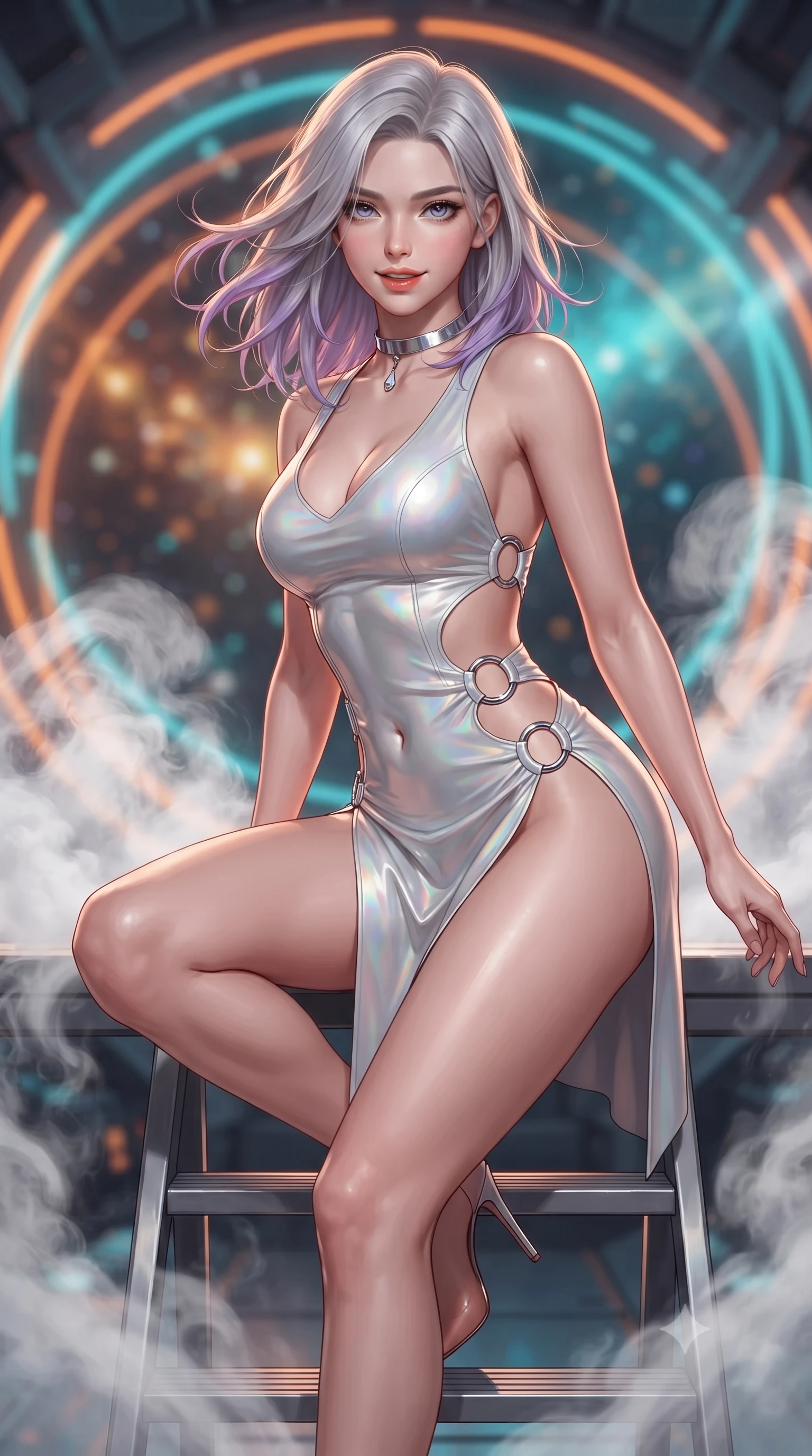 score_9, masterpiece, best quality, ultra-detailed, high-budget anime keyframe, editorial fashion photography, tasteful artistic composition, Caucasian woman. close-up cowboy shot from the waist and thighs up, the character dominates the composition, filling the frame with her large presence. leaning forward while arching her lower back to accentuate her curvy hips, looking into the camera with an intoxicating smoldering gaze and bedroom-eyes while sitting poised on the elevated titanium gantry step with one knee bent, arching her back with confident combat poise and parted glossy lips. The background shows a soft-focus pulsing orange and cyan magnetic acceleration rings, billows of swirling white coolant steam, and distant star nebula blurred into amber, turquoise, and violet bokeh. She has an exceptionally elegant, slender, and willowy female figure with an ultra-slim waist, flat toned midriff, narrow ribcage, and sculpted feminine hips creating an alluring, slim hourglass silhouette without bulk. sharp v-shaped jawline, high-bridge nose, intricate jewel-like sparkling eyes with depth, thick eyelashes, glossy parted lips with a natural peach sheen, bright cheerful beaming smile with an enchanting and coquettish sensual glint, exuding both youthful cute charm and seductive allure, flawlessly proportioned anatomical accuracy, strict slender model proportions, natural body alignment, perfectly sculpted long slender limbs, ultra-slim waistline, clean dynamic posture without body distortion. wearing a provocative open-waist combat cutout mini dress framed by polished chrome ring hardware and thigh-high slit in holographic prismatic pearl and aerospace white, woven from buttery-soft stretch lambskin leather adhering to her body like a second skin, finished with a minimalist chrome choker and a single teardrop diamond pendant, the liquid-tight tailored fabric clinging flawlessly to her narrow waist and rounded feminine hips, emphasizing every millimeter of her sculpted slim hourglass curves without any bulky heaviness. bathed in high-voltage orange runway guide strobes contrasted with cold electric-cyan magnetic coil pulses. ultra-reflective glossy finish, specular highlights, rich textural contrasts, high-contrast stereoscopic depth, volumetric dynamic lighting, 2k, ultra detail, master piece, 9:16 ratio