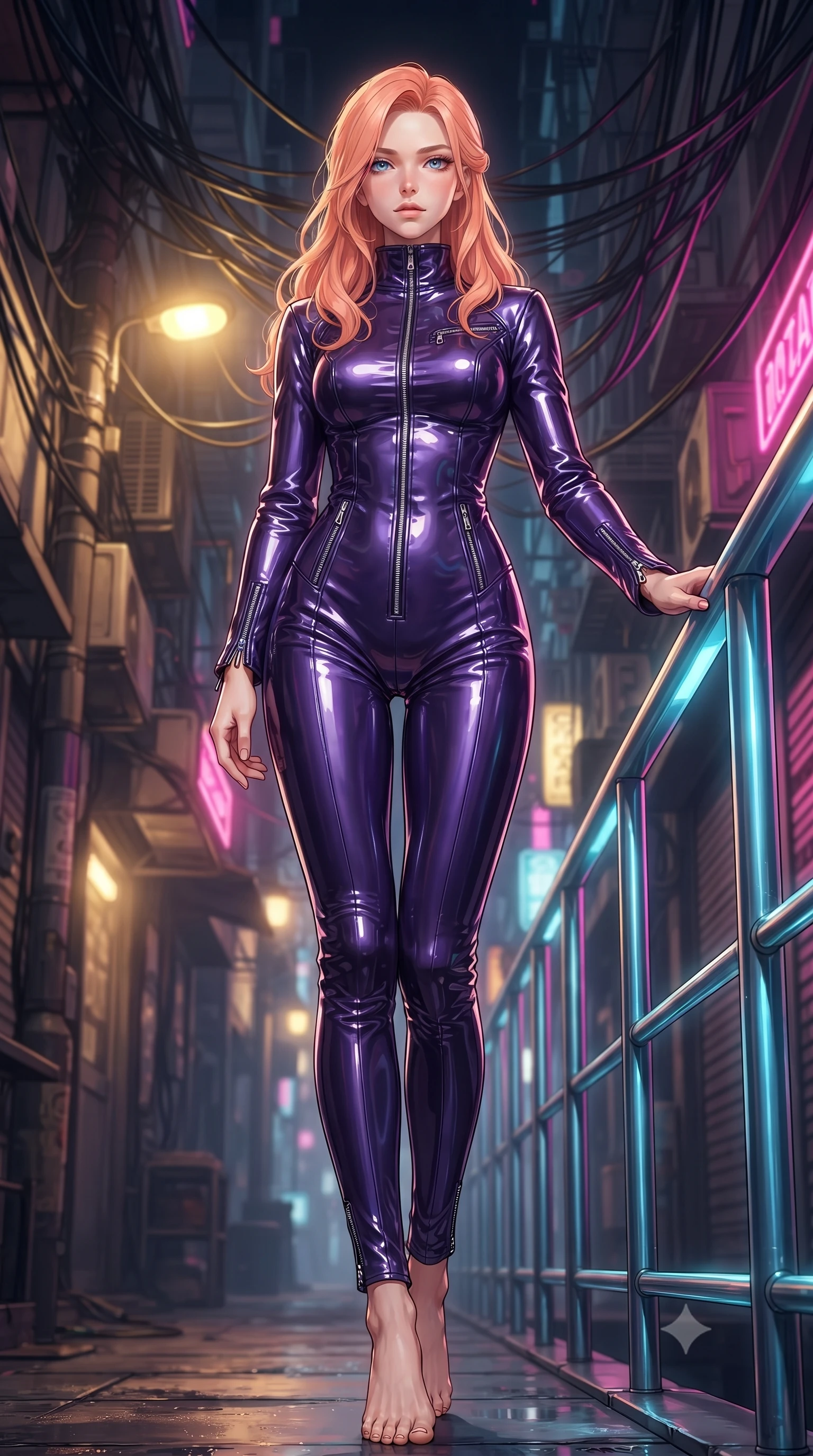 score_9, masterpiece, best quality, ultra-detailed, high-budget anime keyframe, editorial fashion photography, tasteful artistic composition, Japanese woman. low angle full-body shot from head to toe showing her feet, filling the entire 9:16 vertical frame with her statuesque presence, stretching her vertical silhouette. standing in a tall, confident posture with one hand on a glowing metal railing, stretching her statuesque body, the background shows a soft-focus a narrow cyber-bazaar alleyway under a dense canopy of hanging cables and wires. She has an absolutely perfect, statuesque 8.5-heads proportion, an exceptionally tall and slender model-like female figure with impossibly long slender legs and an ultra-slim waist. sharp v-shaped jawline, high-bridge nose, intricate jewel-like eyes with depth, thick eyelashes, glossy lips with a natural sheen. wearing a form-contouring form-contouring pilot flight suit in deep purple liquid vinyl, featuring a snug mock-neck and chrome zippers. warm sodium yellow streetlamps contrasting with sharp electric pink accents. ultra-reflective glossy finish, specular highlights, metallic sheen, high-contrast stereoscopic depth, volumetric dynamic lighting, 2k, ultra detail, master piece, 9:16 ratio