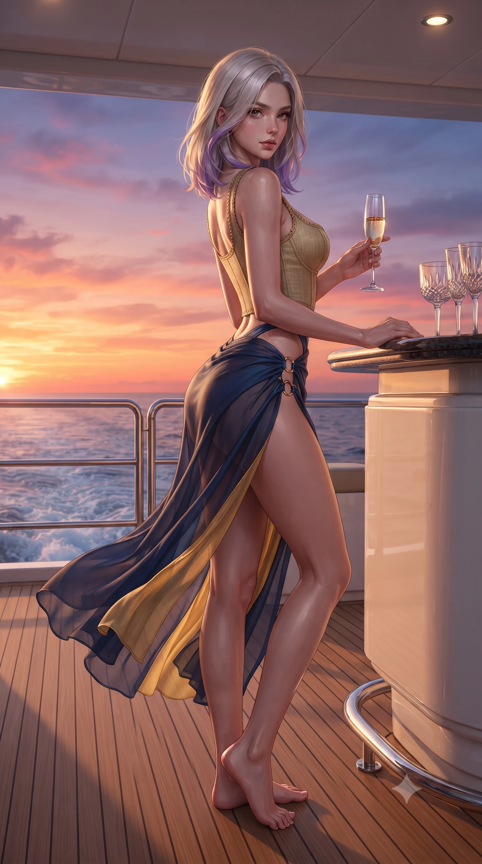 score_9, masterpiece, best quality, ultra-detailed, high-budget anime keyframe, editorial fashion photography, tasteful artistic composition, Caucasian woman. low angle full-body shot from head to toe showing her feet, filling the entire 9:16 vertical frame with her statuesque presence, stretching her vertical silhouette. posing with back turned slightly to the lens, glancing back with smoldering allure as she arches her lower back to emphasize her sculpted feminine hips and slender waist while leaning against the yacht's outdoor bar with hips shifted to one side, holding a champagne flute while locking smoldering eyes with the viewer. The surrounding environment is rendered in vivid detail and crisp panoramic clarity. detailed sunset horizon gradients, wake ripples behind the yacht, and crystal glassware in high resolution. She has an absolutely perfect, statuesque 8.5-heads proportion, an exceptionally tall and slender model-like female figure with impossibly long slender legs, a toned flat midriff, an ultra-slim waist, and beautifully sculpted feminine hips. sharp v-shaped jawline, high-bridge nose, intricate jewel-like eyes with depth, thick eyelashes, glossy parted lips with a natural sheen, intensely captivating and seductive bedroom-eyes expression, flawlessly proportioned anatomical accuracy, strict slender model proportions, natural body alignment, perfectly sculpted long slender limbs, ultra-slim waistline, clean dynamic posture without body distortion. wearing a structured golden-thread linen bustier paired with a draped high-slit silk skirt in deep nautical navy blue and liquid gold, woven from sheer cascading chiffon that flutters with every ocean breeze, finished with an ultra-high side slit secured by miniature gold nautical rings, the precision-cut side openings and low-back scoop framing her graceful spine and the sensual sweep of her hips. surrounded by an opulent, sun-drenched, and breathtakingly seductive jet-set heiress aura. ultra-reflective glossy finish, specular highlights, rich textural contrasts, high-contrast stereoscopic depth, volumetric dynamic lighting, 2k, ultra detail, master piece, 9:16 ratio