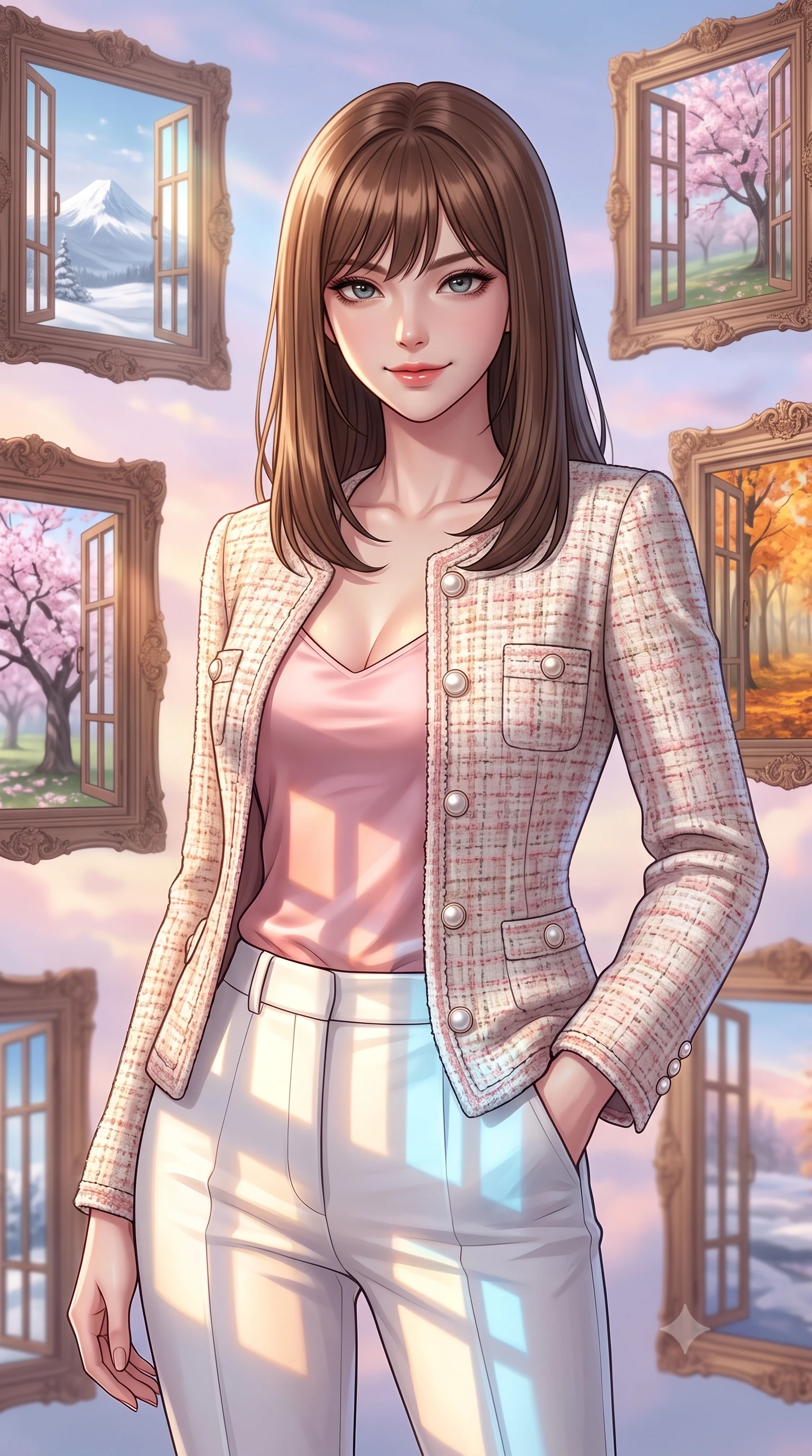 score_9, masterpiece, best quality, ultra-detailed, high-budget anime keyframe, editorial fashion photography, tasteful artistic composition, Korean woman. close-up cowboy shot from the waist and thighs up, the character dominates the composition, filling the frame with her large presence, background elements kept in soft focus. Exhibiting a confident, playful smirk directly into the camera. set against a soft-focus background of a gallery of ornate wooden window frames floating in a pastel dawn sky, each window opening to a view of a different season or landscape. She has an exceptionally elegant, slender, and willowy female figure with a highly-defined ultra-slim waist, a gracefully sculpted slender torso, and a refined slim-fit silhouette that contours her form. sharp v-shaped jawline, high-bridge nose, intricate jewel-like eyes with depth, thick eyelashes, glossy lips with a natural sheen. wearing a tailored slim-fit tweed jacket with pearl buttons over a pink silk camisole and white trousers. soft pastel morning light filtering through the floating windows, casting soft rectangular shafts of warm gold and cool blue light. 2k, ultra detail, master piece, 9:16 ratio
