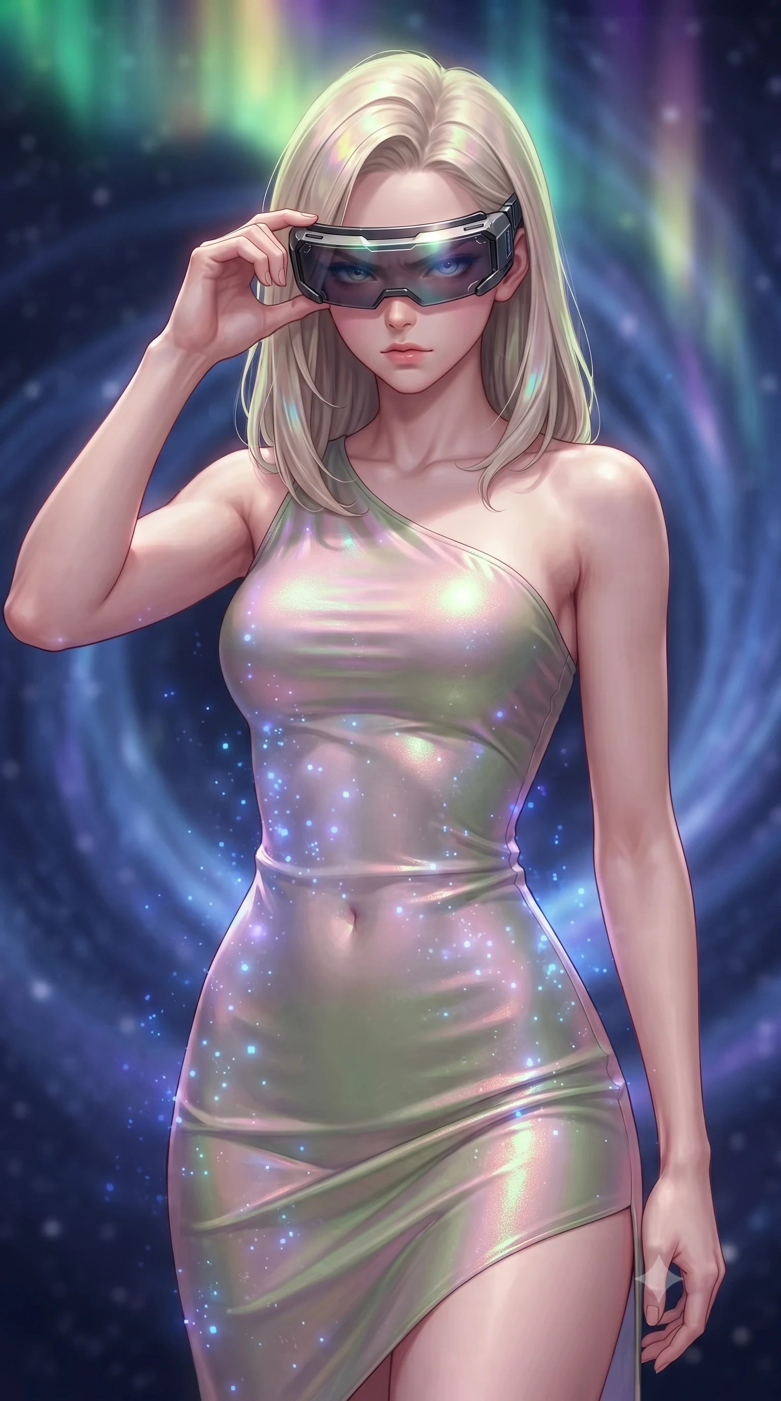 score_9, masterpiece, best quality, ultra-detailed, high-budget anime keyframe, editorial fashion photography, tasteful artistic composition, realistic cosplay photography, Caucasian woman, strictly human ears. close-up cowboy shot from the waist and thighs up, the character dominates the composition, filling the frame with her large presence, background elements kept in soft focus. Adjusting her tactical visor with one hand, eyes narrowed in sharp concentration at the target. set against a soft-focus background of the entrance of a stabilizing wormhole, space-time warping in a blue and violet gravity funnel in deep space. She has an exceptionally elegant and slender, willowy female figure with an ultra-slim waist, a gracefully sculpted slender torso, and a refined slim physique. sharp v-shaped jawline, high-bridge nose, intricate jewel-like eyes with depth, thick eyelashes, glossy lips with a natural sheen. wearing catching and diffusing the glowing particles, shimmering softly in response to the surrounding light, a form-contouring sleek asymmetric one-shoulder dress in pastel pink and olive green silk, following her slender frame with sharp lines. illuminated by a shifting aurora palette of green violet and gold from above. ultra-reflective glossy finish, specular highlights, metallic sheen, high-contrast stereoscopic depth, volumetric dynamic lighting, 2k, ultra detail, master piece, 9:16 ratio