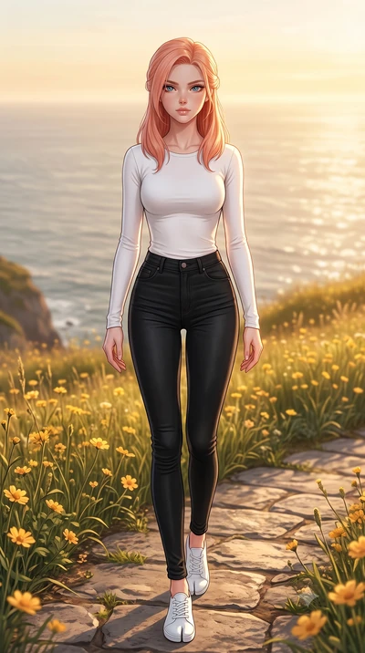 score_9, masterpiece, best quality, ultra-detailed, high-budget anime keyframe, editorial fashion photography, tasteful artistic composition, Japanese woman woman. low angle full-body shot from head to toe showing her feet, filling the entire 9:16 ve