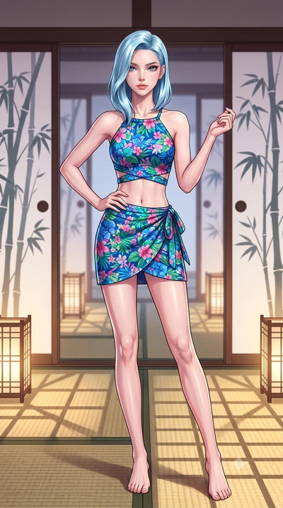 score_9, masterpiece, best quality, ultra-detailed, high-budget anime keyframe, tasteful artistic composition, Korean woman. low angle full-body shot from head to toe showing her feet, filling the entire 9:16 vertical frame with her statuesque presen