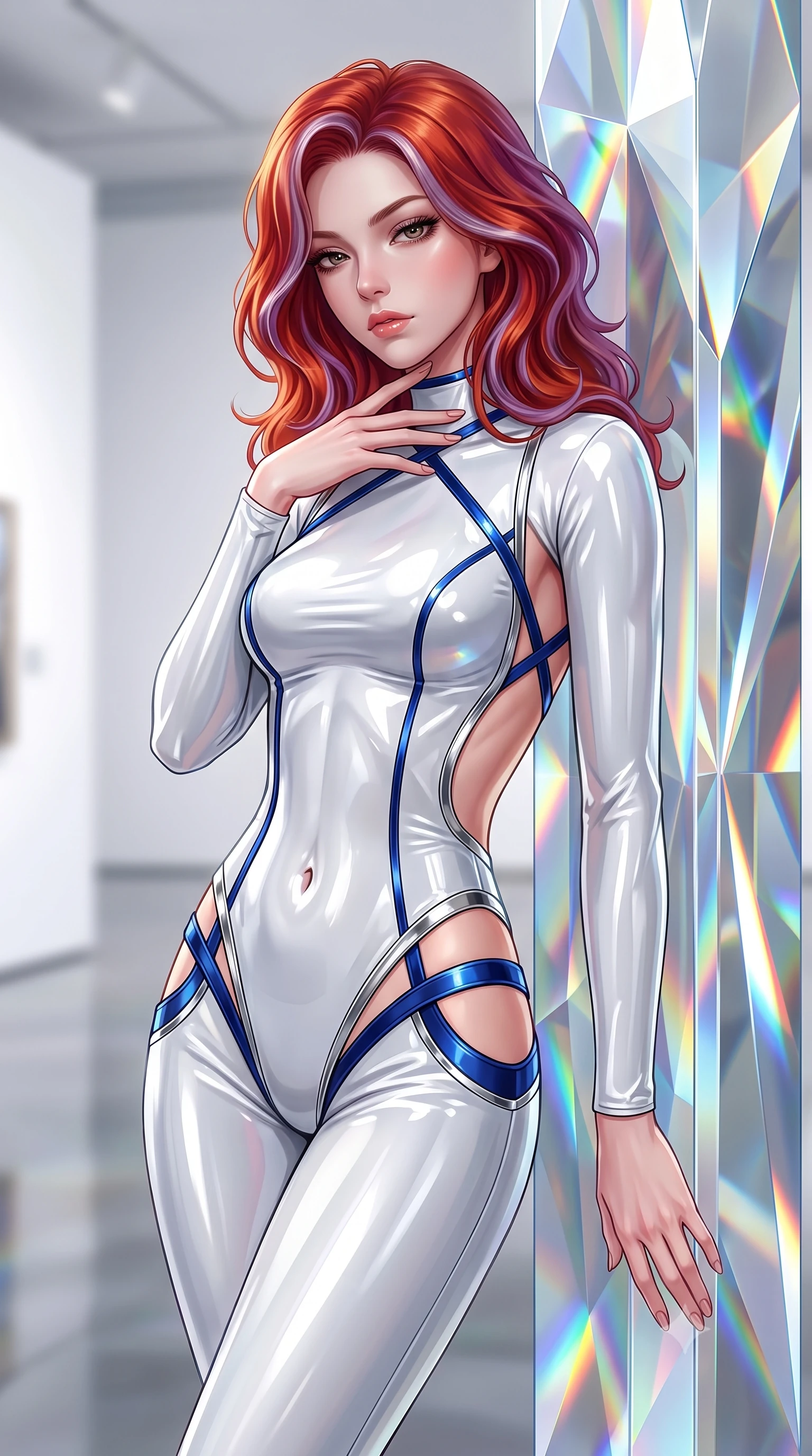 score_9, masterpiece, best quality, ultra-detailed, high-budget anime keyframe, semi-realistic 3D game render, editorial fashion photography, tasteful artistic composition, Caucasian woman. close-up cowboy shot from the waist and thighs up, the character dominates the composition, filling the frame with her large presence. resting her fingers lightly against her throat while looking down with a smoldering, haughty yet intensely captivating glance while leaning against a towering optical crystal pillar with a haughty, smoldering gaze amidst pure white daylight. The composition keeps background elements in soft focus with creamy bokeh. pristine white gallery walls and polished floor reflections softened by shallow cinematic focus. She has an exceptionally elegant, slender, and willowy female figure with an ultra-slim waist, a gracefully sculpted slender torso, toned flat midriff, and a refined slim silhouette. sharp v-shaped jawline, high-bridge nose, intricate jewel-like eyes with depth, thick eyelashes, glossy lips with a natural sheen, flawlessly proportioned anatomical accuracy, strict slender model proportions, natural body alignment, perfectly sculpted long slender limbs, ultra-slim waistline, clean dynamic posture without body distortion. wearing a second-skin white liquid-mercury micro-bodysuit sculpted tightly to her slender build, featuring razor-thin metallic straps and hip cutouts in deep royal navy blue and specular chrome, formed from high-gloss patent material with specular light reflections, complemented by criss-cross back straps highlighting her completely bare spine, the sleek second-skin cut tightly hugging her graceful clavicle, narrow waist, and feminine curves with athletic precision. illuminated by high-contrast specular reflections on crystal and polished surfaces. highly saturated vibrant anime colors, detailed shading with soft gradients, rich glossy textures, high-contrast stereoscopic depth, volumetric dynamic lighting, master piece, 9:16 ratio