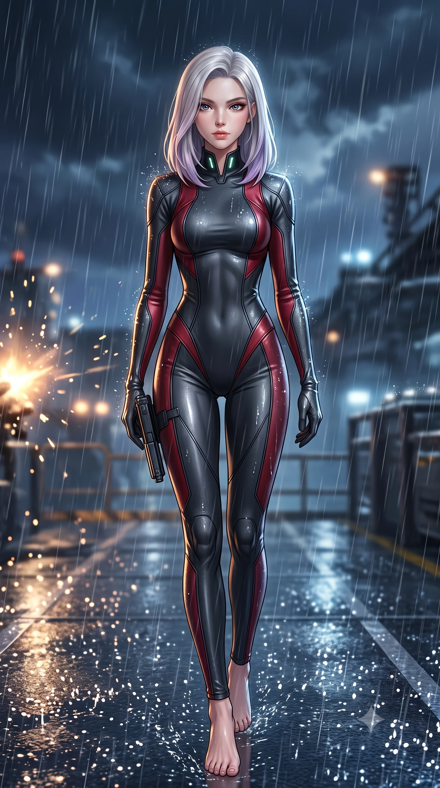 score_9, masterpiece, best quality, ultra-detailed, high-budget anime keyframe, semi-realistic 3D game render, editorial fashion photography, tasteful artistic composition, Caucasian woman. low angle full-body shot from head to toe showing her feet, filling the entire 9:16 vertical frame with her statuesque presence, stretching her vertical silhouette. landing lightly on the balls of her feet in a balanced kinetic stance, eyes locked onto the camera with fearless allure while striding through the rainstorm with lethal grace, grappling gun holstered at her hip as thunder rumbles overhead. The composition keeps background elements in soft focus with creamy bokeh. splattering raindrops and muzzle-flash reflections scattering luminous wet light motes across the deck. She has an absolutely perfect, statuesque 8.5-heads proportion, an exceptionally tall and slender model-like female figure with impossibly long slender legs, a toned flat midriff, and an ultra-slim waist. sharp v-shaped jawline, high-bridge nose, intricate jewel-like eyes with depth, thick eyelashes, glossy lips with a natural sheen, captivating and magnetic expression, flawlessly proportioned anatomical accuracy, strict slender model proportions, natural body alignment, perfectly sculpted long slender limbs, ultra-slim waistline, clean dynamic posture without body distortion. wearing an undercover operative tailored backless evening catsuit with concealed gadget pockets in matte graphite and blood-crimson accents, tailored from second-skin supple lambskin leather with liquid drape, featuring a high aerodynamic collar framed by subtle glowing cybernetic LEDs, the glove-like aerodynamic second-skin fit tightly clinging to her ultra-slender waist and athletic curves without adding bulk, accentuating her razor-sharp statuesque lines and slim hourglass silhouette. surrounded by an indomitable, dangerous, and breathtakingly cinematic lone infiltration specialist aura. highly saturated vibrant anime colors, detailed shading with soft gradients, rich glossy textures, high-contrast stereoscopic depth, volumetric dynamic lighting, master piece, 9:16 ratio
