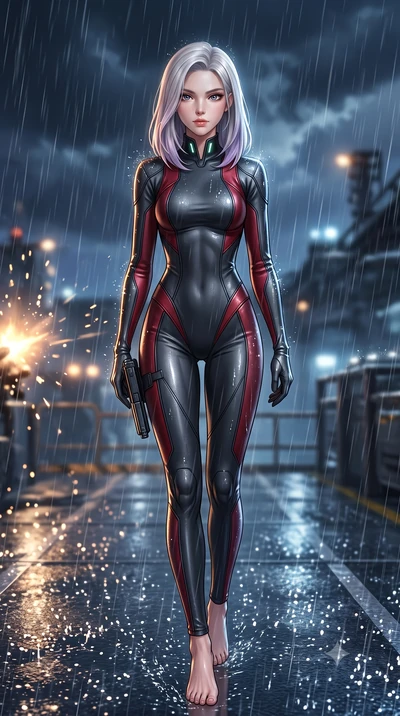 score_9, masterpiece, best quality, ultra-detailed, high-budget anime keyframe, semi-realistic 3D game render, editorial fashion photography, tasteful artistic composition, Caucasian woman. low angle full-body shot from head to toe showing her feet, 
