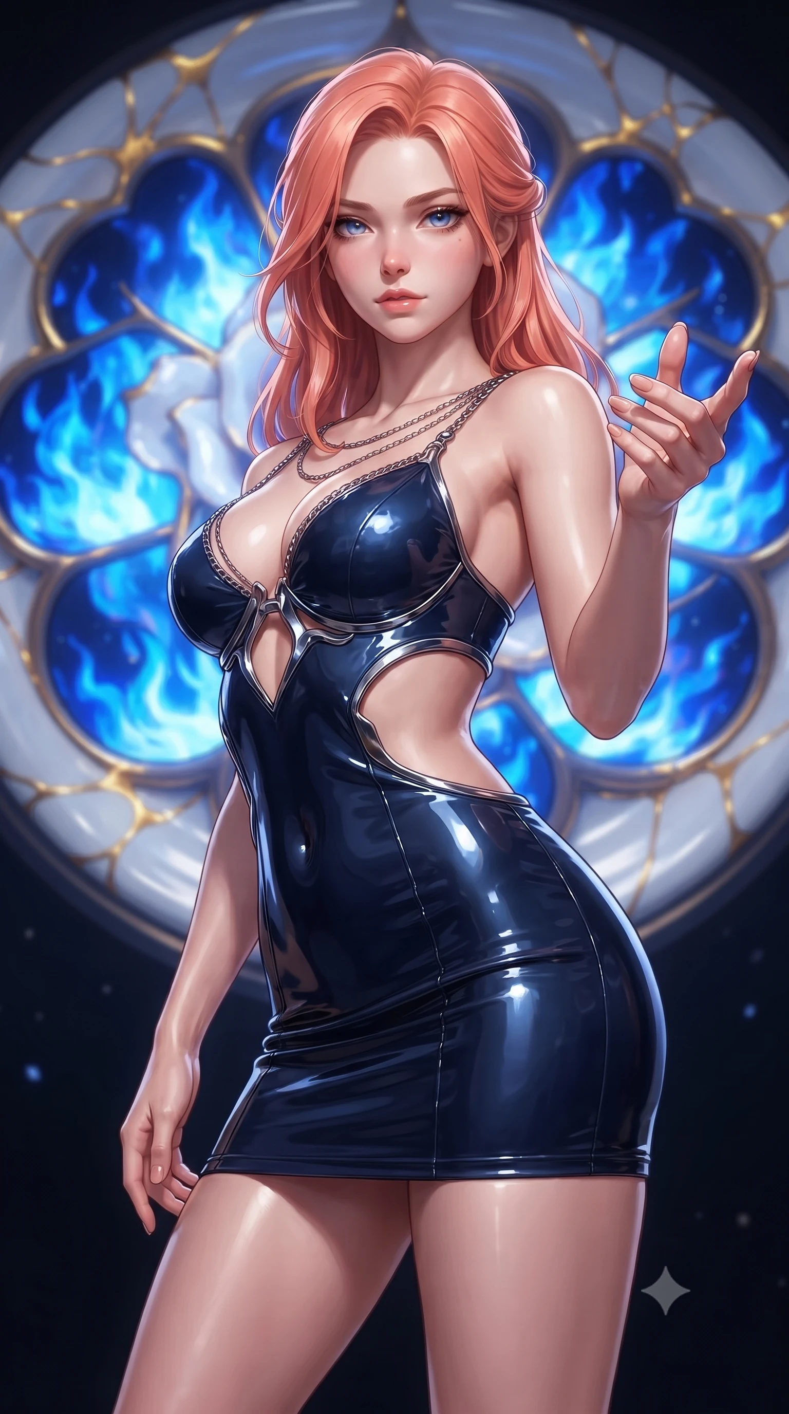 score_9, masterpiece, best quality, ultra-detailed, high-budget anime keyframe, editorial fashion photography, tasteful artistic composition, Japanese woman. close-up cowboy shot from the waist and thighs up, the character dominates the composition, filling the frame with her large presence, background elements kept in soft focus. Reaching her hand gracefully toward the camera with magnetic allure, her torso turning in a dynamic S-curve alignment while pivoting dynamically in front of a giant porcelain rose window emitting sapphire flames, luminous gold kintsugi seams glowing with intense golden inner radiance. She has an exceptionally elegant, slender, and willowy female figure with an ultra-slim waist, a gracefully sculpted slender torso, and a refined silhouette. sharp v-shaped jawline, high-bridge nose, intricate jewel-like eyes with depth, thick eyelashes, glossy lips with a natural sheen, flawlessly proportioned anatomical accuracy, natural body alignment, perfectly sculpted elegant limbs, clean dynamic posture without body distortion. wearing a dramatic open-waist cutout mini dress framed by sculptural hardware in midnight navy blue and chrome trim, tailored from high-gloss patent leather, adorned with delicate metallic chain straps along the neckline, the sleek second-skin texture accentuating her magnetic presence. surrounded by a majestic inner radiance highlighting glossy white porcelain. ultra-reflective glossy finish, specular highlights, metallic sheen, high-contrast stereoscopic depth, volumetric dynamic lighting, 2k, ultra detail, master piece, 9:16 ratio