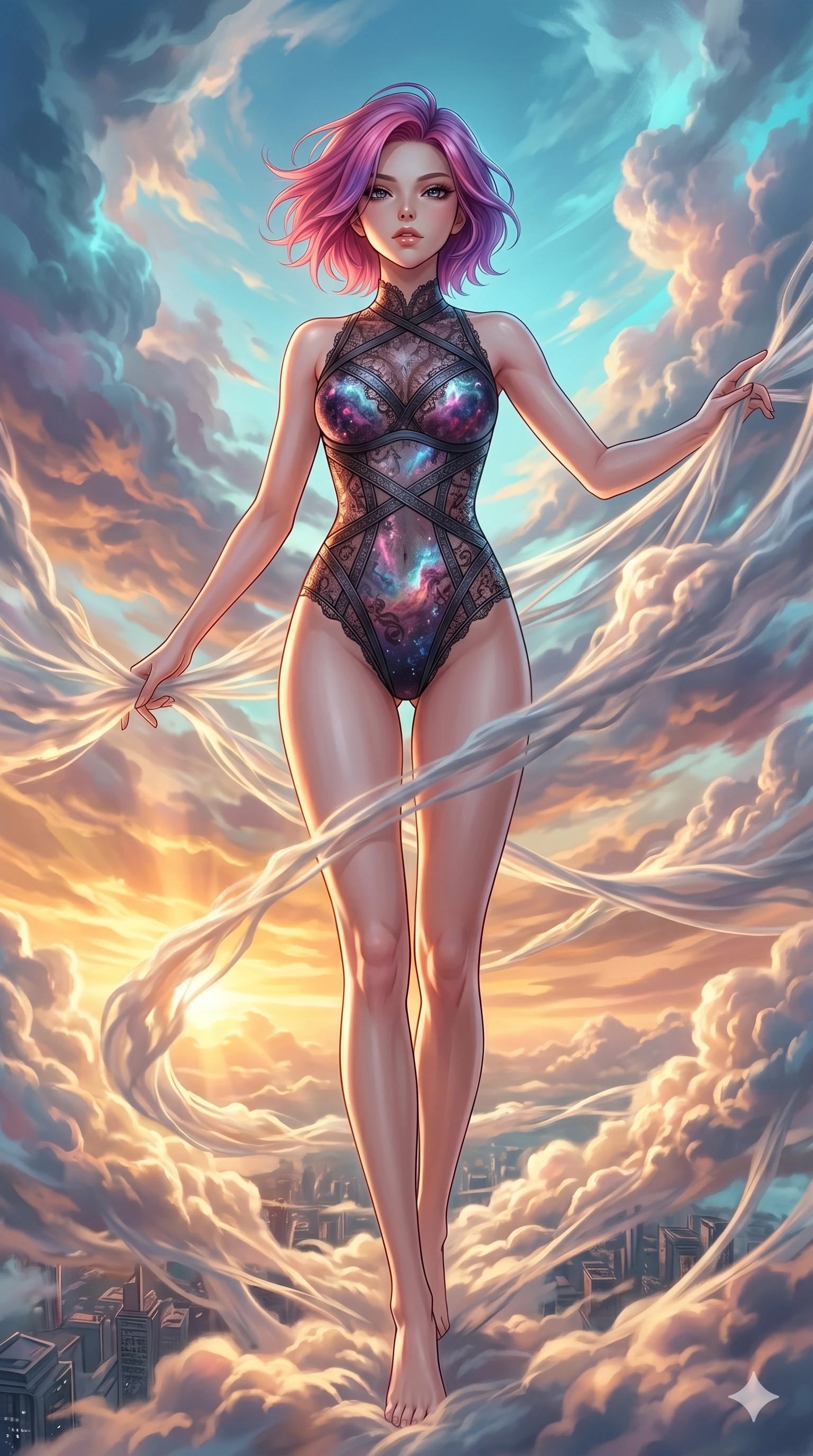 score_9, masterpiece, best quality, ultra-detailed, high-budget anime keyframe, Japanese woman. low angle full-body shot filling the entire 9:16 frame with her statuesque presence, stretching the vertical silhouette. threading through a volumetric cloud weave where storm clouds are spun like silk thread under a dramatic sunset glow. She has an absolutely perfect 8-heads proportion, an exceptionally tall and slender female figure with impossibly long slender legs and an ultra-slim waist. V-shaped jawline, high-bridge nose, intricate jewel-like eyes with depth, thick eyelashes, glossy lips with a natural sheen.. wearing a gothic nebula lace bodysuit, featuring a semi-opaque sculptural lace bodysuit with cosmic nebula patterns, reinforced by matte leather straps. showcasing a beautiful play of light and shadow, with warm golden rays clashing against cool cyan highlights. 2k, ultra detail, master piece, 9:16 ratio