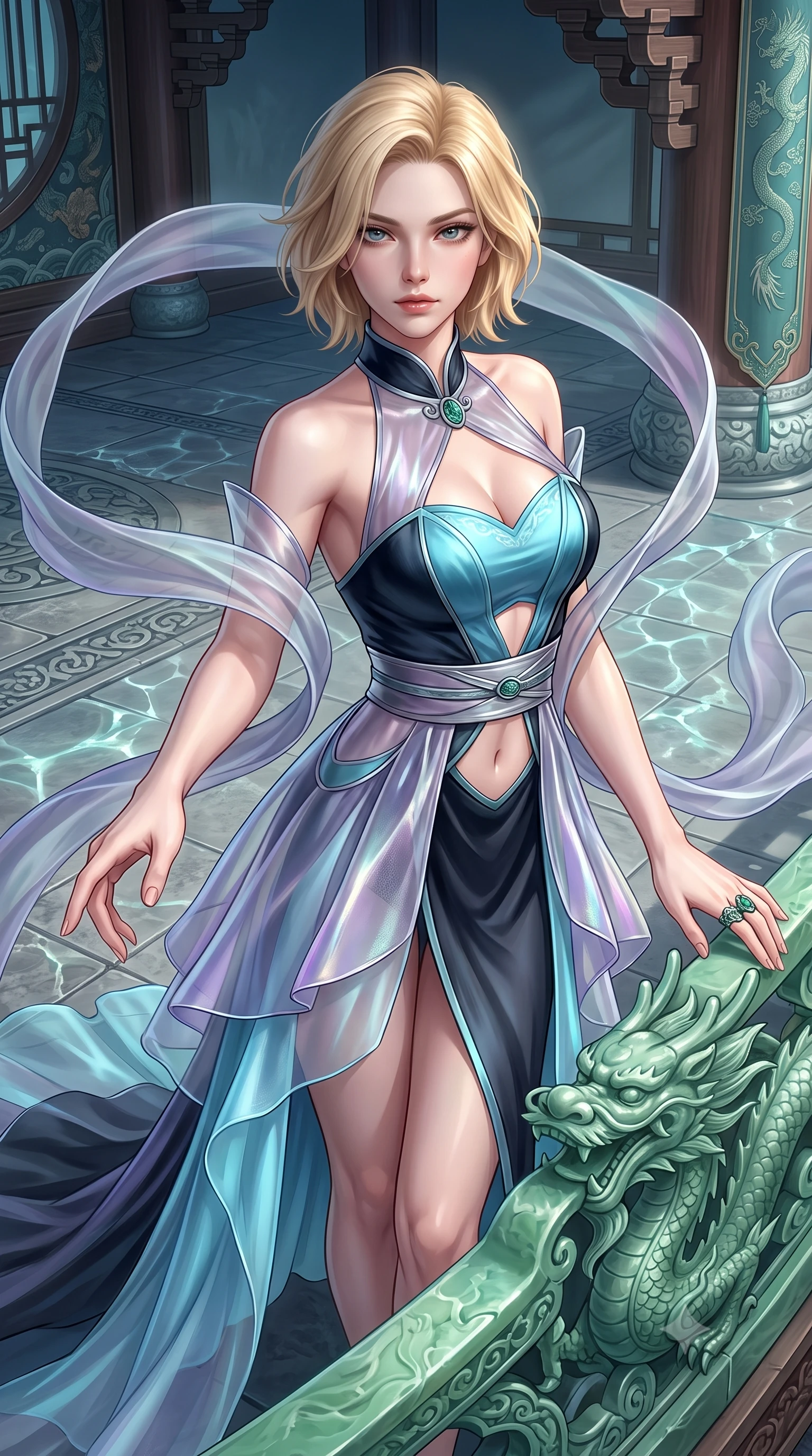 score_9, masterpiece, best quality, ultra-detailed, high-budget anime keyframe, semi-realistic 3D game render, editorial fashion photography, tasteful artistic composition, Caucasian woman. close-up cowboy shot from the waist and thighs up, the character dominates the composition, filling the frame with her large presence. extending one slender arm gracefully toward the foreground while casting an affectionate, mesmerizing glance while resting one hand on an ornate carved jade dragon railing, looking into the lens with a piercing, majestic gaze. The surrounding environment is rendered in vivid detail and crisp panoramic clarity. detailed mineral spring caustics, architectural bracket systems, and silk embroidery in high clarity. She has an exceptionally elegant, slender, and willowy female figure with an ultra-slim waist, a gracefully sculpted slender torso, toned flat midriff, and a refined slim silhouette. sharp v-shaped jawline, high-bridge nose, intricate jewel-like eyes with depth, thick eyelashes, glossy lips with a natural sheen, captivating and magnetic expression, flawlessly proportioned anatomical accuracy, strict slender model proportions, natural body alignment, perfectly sculpted long slender limbs, ultra-slim waistline, clean dynamic posture without body distortion. wearing a jade-inlaid silk bustier dress with multi-tiered translucent organza train and metallic sash in dark ink-wash black and radiant moonlight cyan, made of semi-translucent iridescent organza shifting between silver and violet, complemented by long flowing silk arm ribbons that float weightlessly in the air, the precision-cut daring openings accentuating her delicate midriff, graceful bare collarbones, and ultra-slim feminine waistline. surrounded by a royal, mythical, and deeply revered dragon palace guardian princess aura. highly saturated vibrant anime colors, detailed shading with soft gradients, rich glossy textures, high-contrast stereoscopic depth, volumetric dynamic lighting, master piece, 9:16 ratio