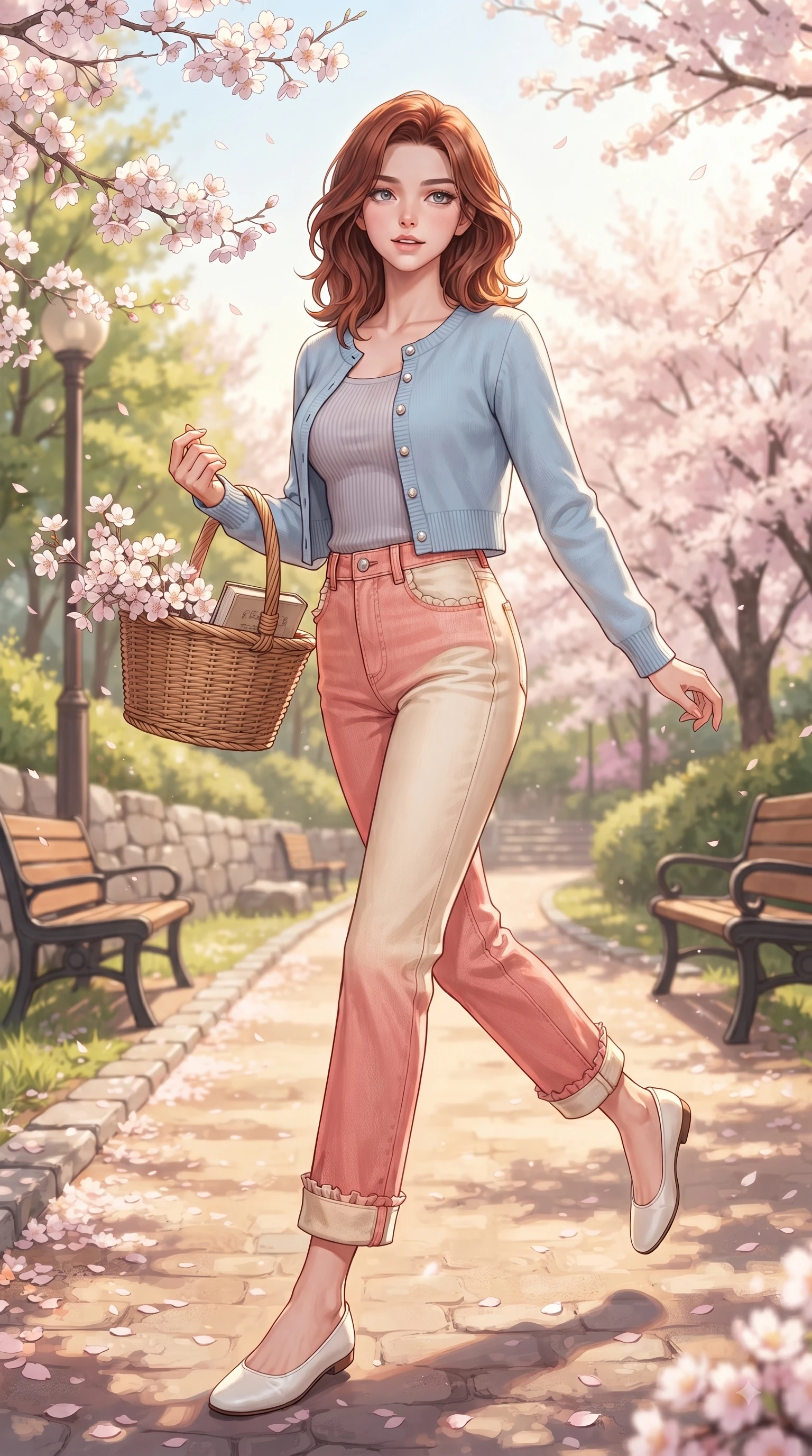 score_9, masterpiece, best quality, ultra-detailed, high-budget anime keyframe, editorial fashion photography, tasteful artistic composition, Korean woman. low angle full-body shot from head to toe showing her feet, filling the entire 9:16 vertical frame with her statuesque presence, stretching her vertical silhouette. stepping forward gracefully in mid-motion with a delighted cute expression, displaying her statuesque model proportions while stepping along a sun-drenched park trail carrying a wicker basket with fresh youthful charm. The surrounding environment is rendered in vivid detail and crisp panoramic clarity. delicate cherry blossom petal clusters, wooden park benches, and historic hill paths in crisp detail. She has an absolutely perfect, statuesque 8.5-heads proportion, an exceptionally tall and slender model-like female figure with impossibly long slender legs and an ultra-slim waist. sharp v-shaped jawline, high-bridge nose, intricate jewel-like eyes with depth, thick eyelashes, glossy lips with a natural sheen, flawlessly proportioned anatomical accuracy, natural body alignment, perfectly sculpted elegant limbs, clean dynamic posture without body distortion. wearing a casual chic pastel blue cropped cardigan with high-rise straight-leg denim jeans in warm coral pink and champagne ivory, tailored from crisp cotton poplin, finished with subtle ruffle trims and delicate pearl buttons, the soft airy drape swaying gracefully with her dynamic movements. surrounded by a fresh, sweet, and nostalgic spring park atmosphere. ultra-reflective glossy finish, specular highlights, metallic sheen, high-contrast stereoscopic depth, volumetric dynamic lighting, 2k, ultra detail, master piece, 9:16 ratio