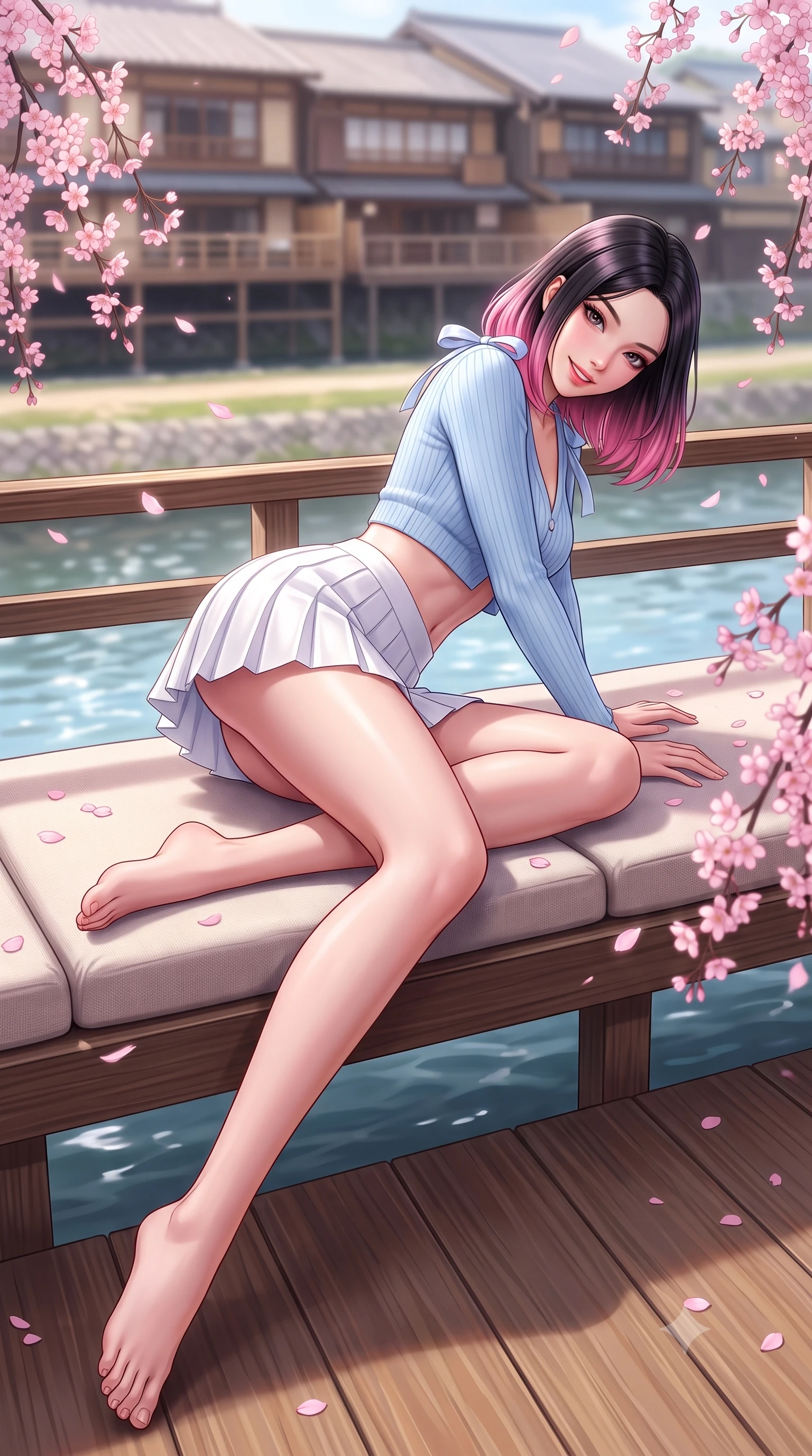 score_9, masterpiece, best quality, ultra-detailed, high-budget anime keyframe, semi-realistic 3D game render, editorial fashion photography, tasteful artistic composition, Korean woman. low angle full-body shot from head to toe showing her feet, filling the entire 9:16 vertical frame with her statuesque presence, stretching her vertical silhouette. reclining languidly on her side across the sunbed with one knee drawn up, her radiant smile and arched hip curve commanding the 9:16 vertical frame with youthful sensual charisma while sitting on the edge of the elevated wooden kawayuka terrace over the river, arching her back as pink weeping sakura blossoms flutter around her. The composition keeps background elements in soft focus with dreamy creamy bokeh. historic wooden teahouse facades across the water softened in nostalgic Kyoto shallow focus. She has an exceptionally tall and slender model-like 8.5-heads proportion, an ultra-slim waist, a flat toned midriff, narrow delicate ribcage, and beautifully sculpted feminine hips creating a graceful, slim hourglass silhouette without any bulky heaviness, with impossibly long slender legs. sharp v-shaped jawline, high-bridge nose, intricate jewel-like sparkling eyes with depth, thick eyelashes, glossy parted lips with a natural peach sheen, bright cheerful beaming smile with an enchanting and coquettish sensual glint, exuding both youthful cute charm and seductive allure, flawlessly proportioned anatomical accuracy, strict slender model proportions, natural body alignment, perfectly sculpted long slender limbs, ultra-slim waistline, clean dynamic posture without body distortion. wearing a cropped pastel ribbed knit cardigan paired with an ultra-short high-waisted pleated tennis skirt clinging tightly to her curvy hips in soft baby blue and crisp cloud white, formed from supple second-skin stretch ribbed knit clinging to her form, finished with cute satin bow ribbons tying at the shoulders, the liquid-tight tailored fabric clinging flawlessly to her narrow waist and rounded feminine hips, emphasizing every millimeter of her sculpted slim hourglass curves without any bulky heaviness. illuminated by gentle water surface reflections sharply defining her razor-sharp jawline, narrow waist, and curvy hips. highly saturated vibrant anime colors, detailed shading with soft gradients, rich glossy textures, high-contrast stereoscopic depth, volumetric dynamic lighting, master piece, 9:16 ratio