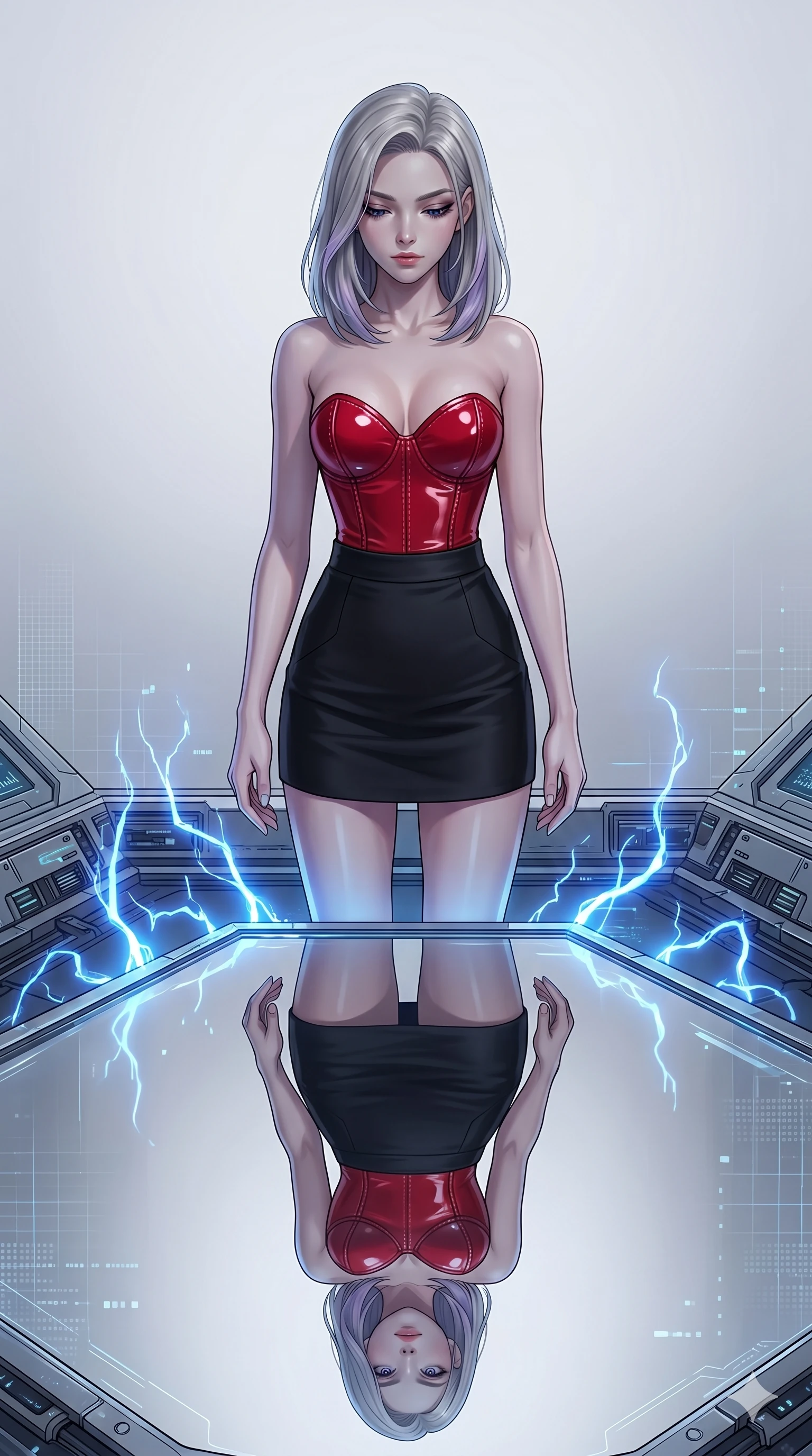 score_9, masterpiece, best quality, ultra-detailed, high-budget anime keyframe, editorial fashion photography, tasteful artistic composition, Caucasian woman, strictly human ears. cowboy shot from the thighs up, character and outfit filling the frame for maximum editorial presence. Looking down with lowered lashes and a composed, powerful expression at the edge of a cybernetic lake where the water is a perfectly reflective silver mirror. She has an absolutely perfect 8-heads proportion, an exceptionally tall and slender female figure with impossibly long slender legs and an ultra-slim waist. V-shaped jawline, high-bridge nose, intricate jewel-like eyes with depth, thick eyelashes, glossy lips with a natural sheen. wearing a structured corset in high-gloss cherry red latex-effect fabric with a sweetheart neckline, paired with a high-waist tailored black mini-skirt. highlighted by pulsing electric blue plasma arc lighting from below, casting dramatic upward shadows. 2k, ultra detail, master piece, 9:16 ratio