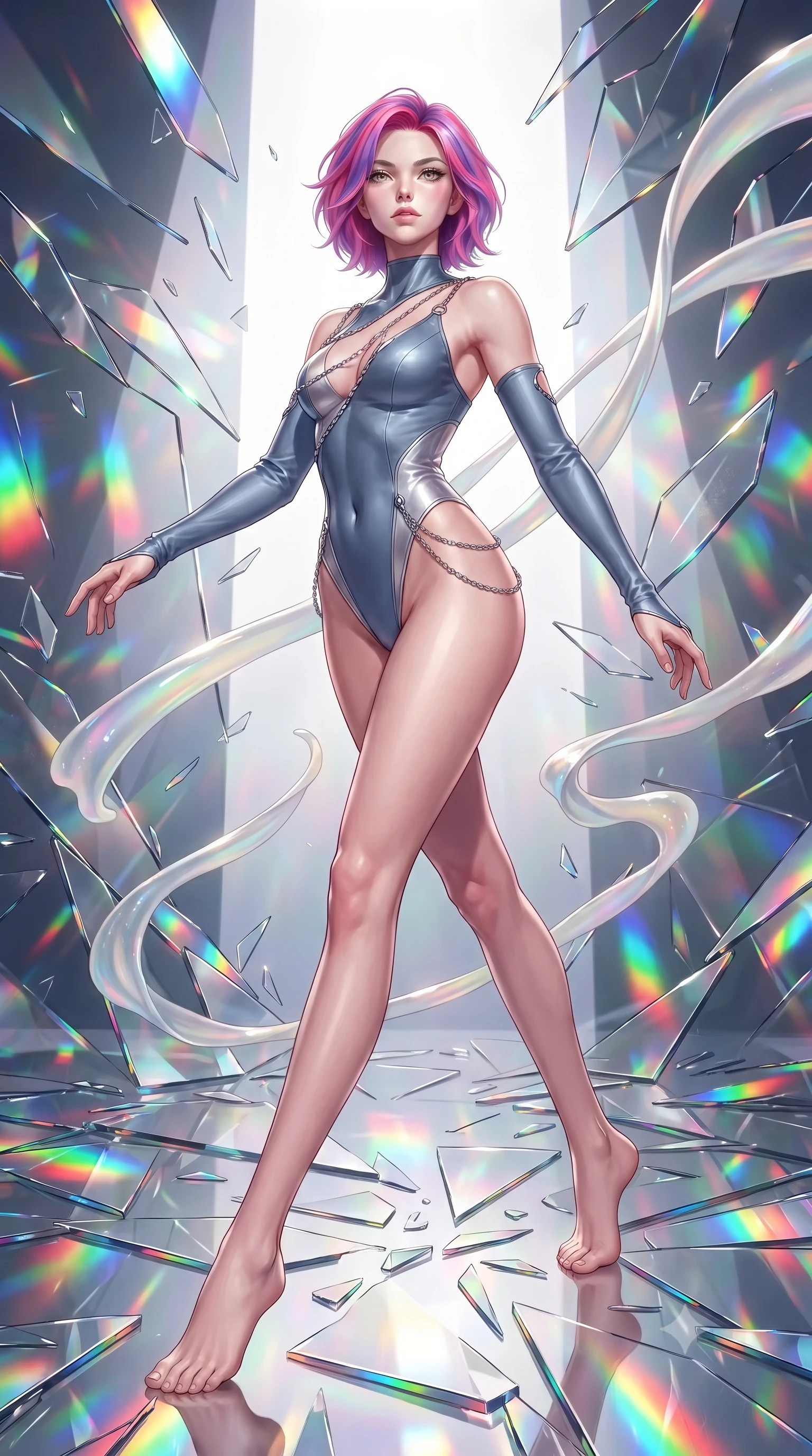 score_9, masterpiece, best quality, ultra-detailed, high-budget anime keyframe, editorial fashion photography, tasteful artistic composition, Caucasian woman. low angle full-body shot from head to toe showing her feet, filling the entire 9:16 vertical frame with her statuesque presence, stretching her vertical silhouette. forging dynamically through the scene, her vertical silhouette beautifully stretched guiding viscous opal paint ribbons hovering gracefully in mid-air, shattered mirror shards scattering brilliant rainbow reflections everywhere. She has an absolutely perfect, statuesque 8.5-heads proportion, an exceptionally tall and slender model-like female figure with impossibly long slender legs and an ultra-slim waist. sharp v-shaped jawline, high-bridge nose, intricate jewel-like eyes with depth, thick eyelashes, glossy lips with a natural sheen. wearing an asymmetrical high-cut tech-bodysuit with detached sleeves in slate blue and metallic silver, crafted from smooth liquid silk, adorned with delicate metallic chain straps along the neckline, the glove-like fit emphasizing her statuesque silhouette. drenched in bright white key light with colorful prismatic rim lighting. highly saturated vibrant anime colors, detailed shading with soft gradients, rich glossy textures, high-contrast stereoscopic depth, volumetric dynamic lighting, master piece, 9:16 ratio