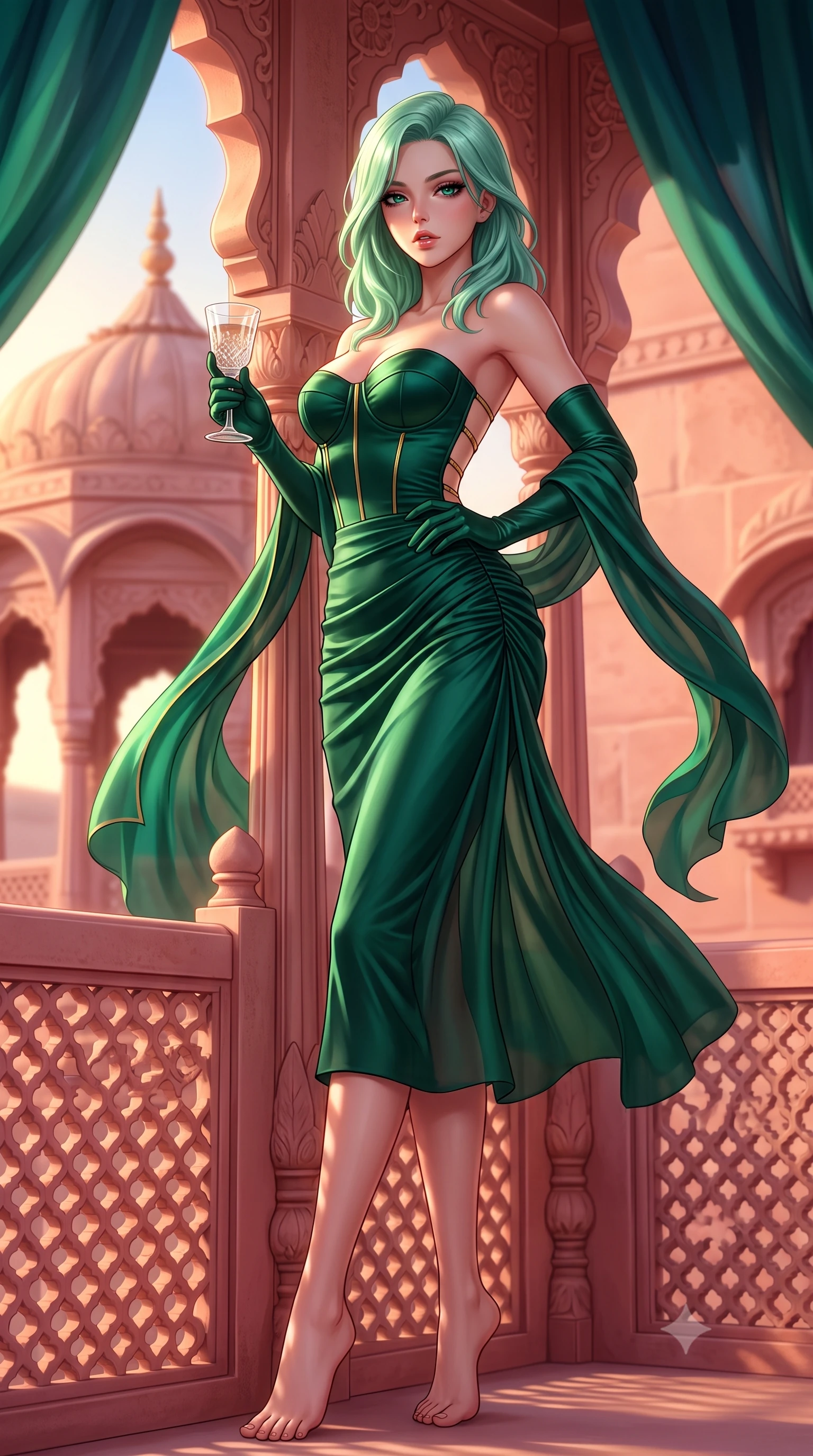 score_9, masterpiece, best quality, ultra-detailed, high-budget anime keyframe, semi-realistic 3D game render, editorial fashion photography, tasteful artistic composition, Japanese woman. low angle full-body shot from head to toe showing her feet, filling the entire 9:16 vertical frame with her statuesque presence, stretching her vertical silhouette. leaning deep against the structural architecture with hips cocked in an unapologetically bold, seductive high-fashion stance while standing within the delicate pink sandstone latticed jharokha balcony, arching her back as evening desert winds flutter her jewel-toned silk dupatta. The composition keeps background elements in soft focus with creamy bokeh. billowing jewel-toned silk drapes and carved stone cupolas softened in exotic royal Indian shallow focus. She has an exceptionally tall and slender model-like 8.5-heads proportion, an ultra-slim waist, a flat toned midriff, narrow delicate ribcage, and beautifully sculpted feminine hips creating a graceful, slim hourglass silhouette without any bulky heaviness, with impossibly long slender legs. sharp v-shaped jawline, high-bridge nose, intricate jewel-like eyes with depth, thick eyelashes, glossy parted lips with a natural sheen, intensely captivating and seductive bedroom-eyes expression, flawlessly proportioned anatomical accuracy, strict slender model proportions, natural body alignment, perfectly sculpted long slender limbs, ultra-slim waistline, clean dynamic posture without body distortion. wearing an ultra-fitted strapless bustier midi dress with side hip ruching and exposed spine in deep emerald green satin and gold hardware, woven from layered gossamer chiffon with a weightless sweeping drape, accessorized with opera-length satin gloves and a vintage crystal glass, the liquid-tight tailored fabric clinging flawlessly to her narrow waist and rounded feminine hips, emphasizing every millimeter of her sculpted slim hourglass curves without any bulky heaviness. bathed in rich golden hour Rajasthani sunset backlighting and warm pink sandstone wall bounce fill. highly saturated vibrant anime colors, detailed shading with soft gradients, rich glossy textures, high-contrast stereoscopic depth, volumetric dynamic lighting, master piece, 9:16 ratio