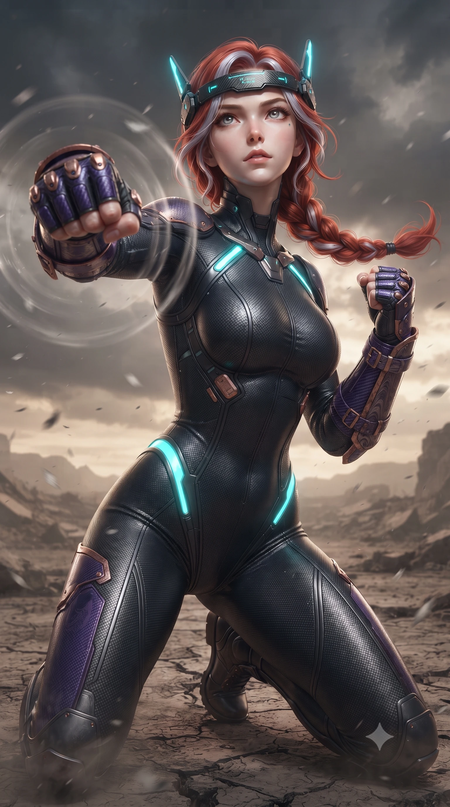 score_9, masterpiece, best quality, ultra-detailed, high-budget anime keyframe, editorial fashion photography, tasteful artistic composition, Caucasian woman. close-up cowboy shot from the waist and thighs up, the character dominates the composition, filling the frame with her large presence. thrusting a high-speed kinetic punch toward the camera, a visible conical shockwave distortion wrapping around her armored forearm while kneeling on one knee to inspect the barren earth, looking up with a piercing, majestic gaze through drifting ash flakes. The surrounding environment is rendered in vivid detail and crisp panoramic clarity. dramatic post-apocalyptic chiaroscuro and vast desolate wasteland geometry rendered in panoramic precision. She has an exceptionally elegant, slender, and willowy female figure with an ultra-slim waist, a gracefully sculpted slender torso, toned flat midriff, and a refined slim silhouette. sharp v-shaped jawline, high-bridge nose, intricate jewel-like eyes with depth, thick eyelashes, glossy lips with a natural sheen, fierce and resolute heroine expression, flawlessly proportioned anatomical accuracy, strict slender model proportions, natural body alignment, perfectly sculpted long slender limbs, ultra-slim waistline, clean dynamic posture without body distortion. wearing a lightweight carbon-fiber tactical sensory headpiece with glowing cyan ear-antennae and an ultra-thin forehead HUD brow-band, paired with a skin-tight dark carbon-weave combat bodysuit with glowing neon energy conduits and reinforced Damascus-pattern forearm strike guards in royal purple carbon fiber with distressed rose-gold hardware and buckles, crafted from ultra-strong woven carbon-fiber composite with battle-tested satin luster, accented with glowing fiber-optic telemetry conduits tracing her collarbones and hip curves, the liquid-tight tailored fabric emphasizing every curve of her tall, slender model proportions and sculptured silhouette during dynamic movement. surrounded by a solitary, monumental, and sacredly resilient post-apocalyptic guardian aura. ultra-reflective glossy finish, specular highlights, dark metallic sheen, high-contrast stereoscopic depth, volumetric dynamic lighting, 2k, ultra detail, master piece, 9:16 ratio