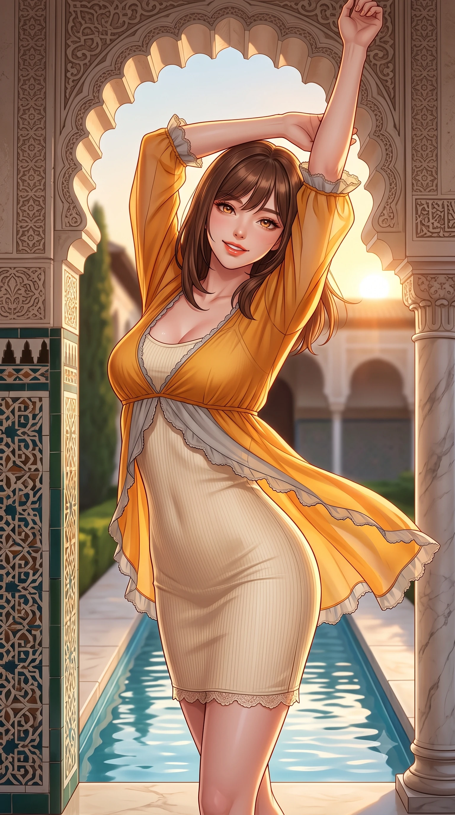 score_9, masterpiece, best quality, ultra-detailed, high-budget anime keyframe, semi-realistic 3D game render, editorial fashion photography, tasteful artistic composition, Korean woman. close-up cowboy shot from the waist and thighs up, the character dominates the composition, filling the frame with her large presence. playfully stretching one arm overhead toward the setting sun, her radiant smile capturing fresh girlhood charm while her arched torso reveals an intoxicating hip contour while standing poised between the scalloped plaster arches beside the long central reflection pool, arching her spine with dancer-like elegance. The surrounding environment is rendered in vivid detail and crisp panoramic clarity. sharp glazed ceramic tile geometric reliefs, carved plaster lace textures, and smooth marble column gleam in deep focus. She has an exceptionally elegant, slender, and willowy female figure with an ultra-slim waist, flat toned midriff, narrow ribcage, and sculpted feminine hips creating an alluring, slim hourglass silhouette without bulk. sharp v-shaped jawline, high-bridge nose, sparkling amber-hazel eyes with depth, long lush eyelashes, glossy sun-kissed lips with a warm coral glaze, radiant teasing smile with sensual sunlit bedroom-eyes, exuding effortless old-money elegance and intoxicating sun-drenched allure, flawlessly proportioned anatomical accuracy, strict slender model proportions, natural body alignment, perfectly sculpted long slender limbs, ultra-slim waistline, clean dynamic posture without body distortion. wearing a second-skin stretch ribbed camisole dress in warm vanilla cream clinging to her athletic hips and flat midriff in rich saffron amber and soft dove grey, tailored from airy semi-sheer chiffon that flutters gently in the evening breeze, finished with subtle ruffle trims and delicate scallop lace edging, the liquid-tight tailored fabric clinging flawlessly to her narrow waist and rounded feminine hips, emphasizing every millimeter of her sculpted slim hourglass curves without any bulky heaviness. illuminated by water channel reflection fill and sharp warm-gold rim lighting defining her razor-sharp jawline, narrow waist, and curvy hips. highly saturated vibrant anime colors, detailed shading with soft gradients, rich glossy textures, high-contrast stereoscopic depth, volumetric dynamic lighting, master piece, 9:16 ratio