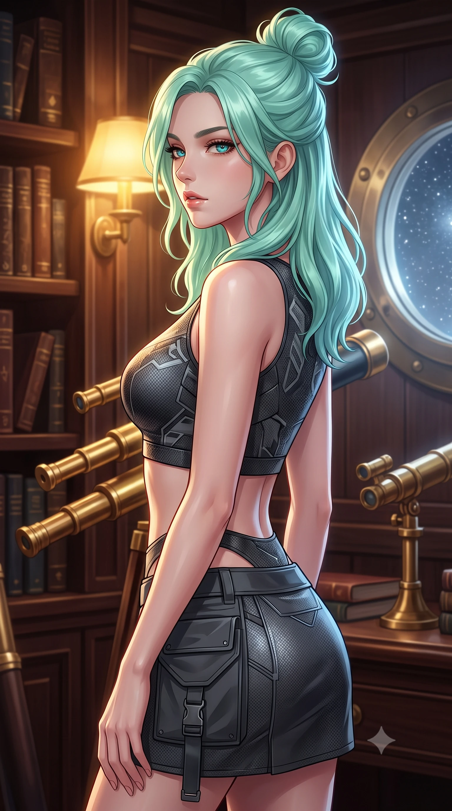 score_9, masterpiece, best quality, ultra-detailed, high-budget anime keyframe, editorial fashion photography, tasteful artistic composition, Japanese woman. close-up cowboy shot from the waist and thighs up, the character dominates the composition, filling the frame with her large presence, background elements kept in soft focus. turning her face in profile to look over her shoulder, casting a smoldering side gaze with lips slightly parted, the background shows a soft-focus a private captain's library room aboard a research ship with brass telescopes. She has an exceptionally elegant, slender, and willowy female figure with an ultra-slim waist, a gracefully sculpted slender torso, and a refined silhouette. sharp v-shaped jawline, high-bridge nose, intricate jewel-like eyes with depth, thick eyelashes, glossy lips with a natural sheen. wearing a body-hugging modern carbon-alloy crop top paired with a low-rise tactical skirt and a subtle waist cut-out. warm golden glow of reading lamps contrasting with cool silver starlight outside. highly saturated vibrant anime colors, detailed shading with soft gradients, rich glossy textures, high-contrast stereoscopic depth, volumetric dynamic lighting, master piece, 9:16 ratio