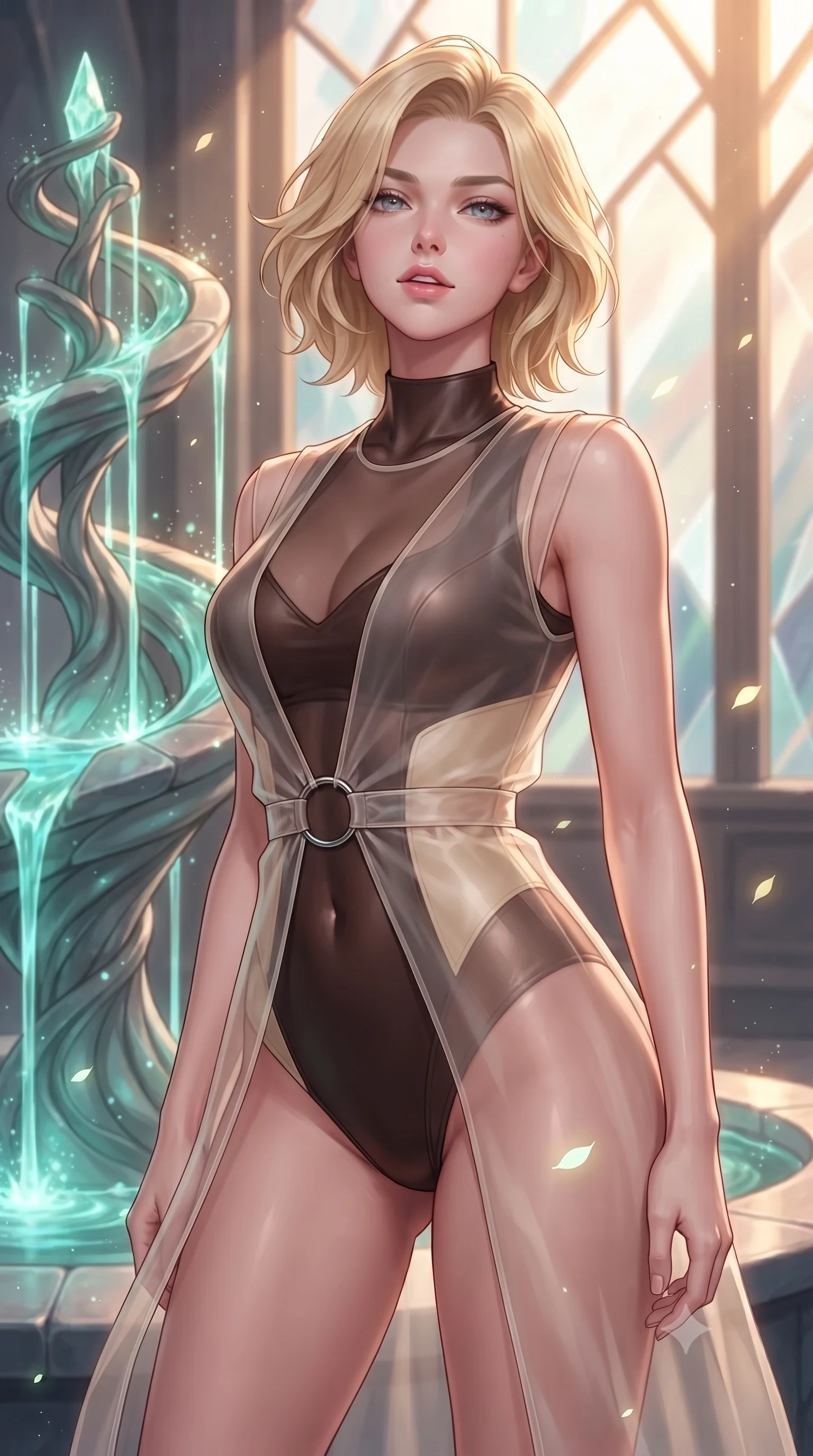 score_9, masterpiece, best quality, ultra-detailed, high-budget anime keyframe, editorial fashion photography, tasteful artistic composition, Caucasian woman. close-up cowboy shot from the waist and thighs up, the character dominates the composition, filling the frame with her large presence, background elements kept in soft focus. Tilting her chin up slightly with lips parted in a magnetic, composed expression standing by a hydro-flow spiral fountain flowing with bioluminescent emerald sap, glowing pollen particles drifting gracefully around her form. She has an exceptionally elegant, slender, and willowy female figure with an ultra-slim waist, a gracefully sculpted slender torso, and a refined silhouette. sharp v-shaped jawline, high-bridge nose, intricate jewel-like eyes with depth, thick eyelashes, glossy lips with a natural sheen. wearing a semi-opaque sheer overlay dress over a leather micro-bodysuit in espresso brown and warm cream, woven from fine semi-opaque sheer organza, accented with delicate chrome ring hardware framing her waist, the sleek second-skin texture accentuating her magnetic presence. lit by warm golden-hour rays cascading through crystalline glass panes. highly saturated vibrant anime colors, detailed shading with soft gradients, rich glossy textures, high-contrast stereoscopic depth, volumetric dynamic lighting, master piece, 9:16 ratio