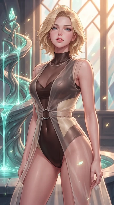 score_9, masterpiece, best quality, ultra-detailed, high-budget anime keyframe, editorial fashion photography, tasteful artistic composition, Caucasian woman. close-up cowboy shot from the waist and thighs up, the character dominates the composition,