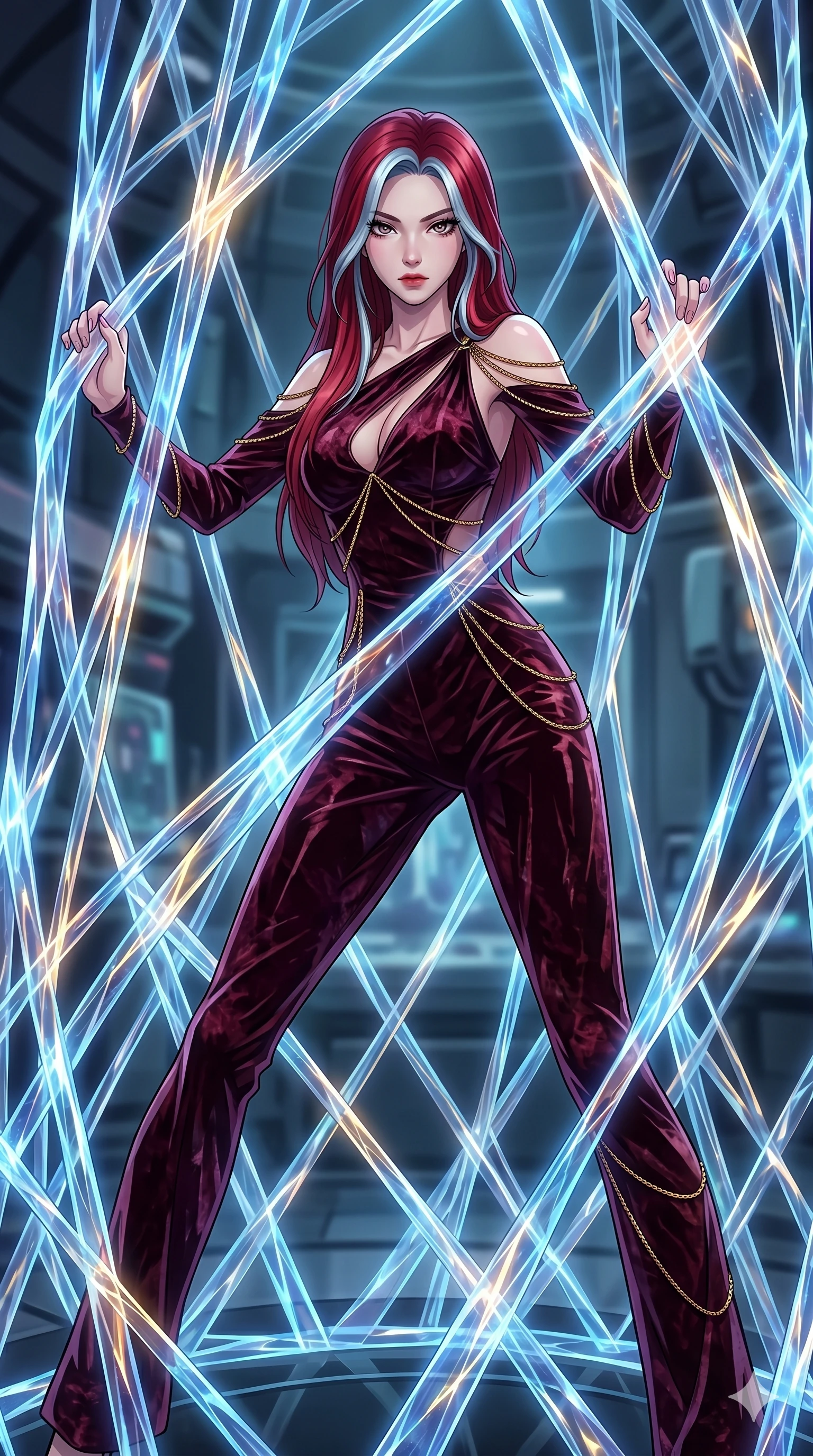 score_9, masterpiece, best quality, ultra-detailed, High-budget Anime Keyframe, East Asian woman. Dynamic full-body shot stretching the vertical silhouette to the limit. Scenario 52: Trapped in a cage of glowing crystalline fibers, body pressing against the bars. Her presence is magnetic and overpowering in this high-budget anime scene. Outfit 52: A crushed dark velvet second with a low-cut shoulder and fine gold chains. The clothing is designed to emphasize her exceptionally tall and slender 8-heads proportion. 8-heads proportion, towering silhouette, ultra-slim waist. sharp v-shaped jawline, intricate jewel-like eyes with depth, thick eyelashes, glossy lips. 2k, ultra detail, master piece, 9:16 ratio