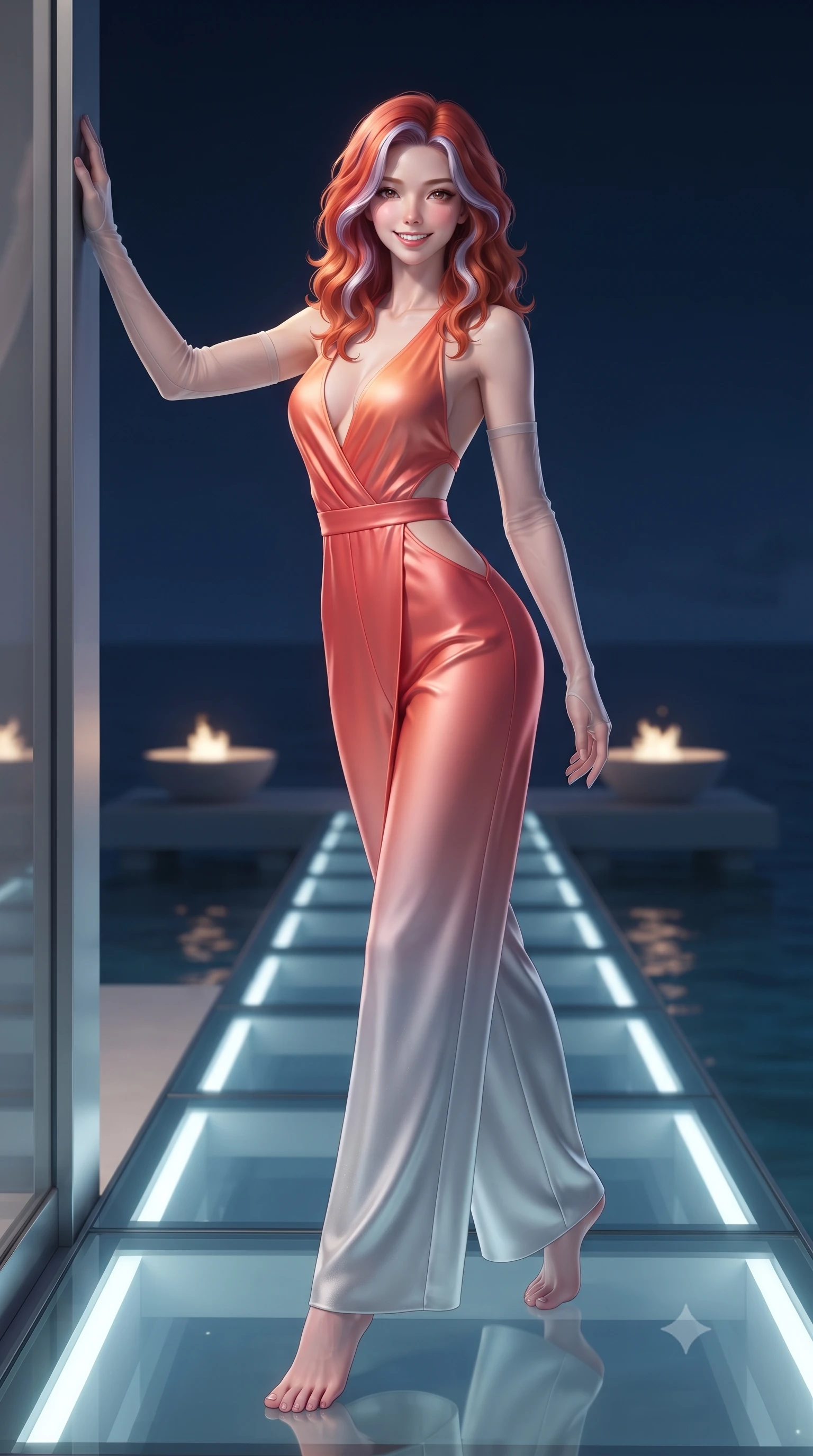 score_9, masterpiece, best quality, ultra-detailed, high-budget anime keyframe, editorial fashion photography, tasteful artistic composition, Caucasian woman. low angle full-body shot from head to toe showing her feet, filling the entire 9:16 vertical frame with her statuesque presence, stretching her vertical silhouette. standing tall beside the architectural column, one hand resting high while arching her lower back to emphasize her sculpted feminine hips and slender waist while walking poised along the illuminated glass pier suspended over the calm sea, arching her spine with supermodel rhythm as night settles. The background shows a soft-focus minimalist outdoor fire bowls softened in private island billionaire glamour shallow focus. She has an exceptionally tall and slender model-like 8.5-heads proportion, an ultra-slim waist, a flat toned midriff, narrow delicate ribcage, and beautifully sculpted feminine hips creating a graceful, slim hourglass silhouette without any bulky heaviness, with impossibly long slender legs. sharp v-shaped jawline, high-bridge nose, intricate jewel-like sparkling eyes with depth, thick eyelashes, glossy parted lips with a natural peach sheen, bright cheerful beaming smile with an enchanting and coquettish sensual glint, exuding both youthful cute charm and seductive allure, flawlessly proportioned anatomical accuracy, strict slender model proportions, natural body alignment, perfectly sculpted long slender limbs, ultra-slim waistline, clean dynamic posture without body distortion. wearing a backless plunge-front silk satin jumpsuit with fluid wide-leg silhouette and daring side hip cutouts in French Riviera sunset coral and starlight silver, made of fluid liquid jersey with seamless sculpting hold and smooth contours, complemented by sheer opera-length evening gloves tracing her slender arms, the high-slit wrap tailoring accentuating her ultra-slim waistline and the enchanting curve of her feminine hips with alluring seductive charm. illuminated by glass floor upward bounce and sharp platinum-cyan rim lights defining her jawline, flat midriff, and feminine hips. ultra-reflective glossy finish, specular highlights, rich textural contrasts, high-contrast stereoscopic depth, volumetric dynamic lighting, 2k, ultra detail, master piece, 9:16 ratio