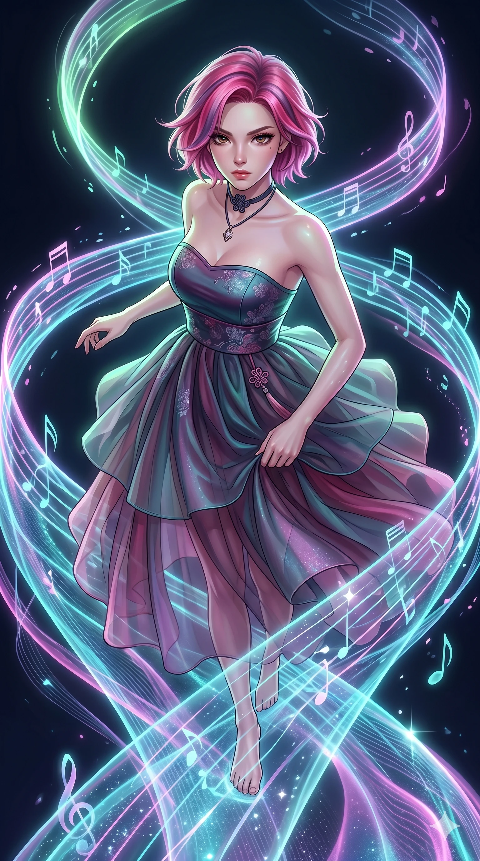 score_9, masterpiece, best quality, ultra-detailed, high-budget anime keyframe, Caucasian woman, strictly human ears. upper body close-up from the thighs up, character filling the screen for maximum presence. stepping on holographic fluid ribbons of sound that ripple with cyan and magenta light in a dark virtual void. She has an absolutely perfect 8-heads proportion, an exceptionally tall and slender female figure with impossibly long slender legs and an ultra-slim waist. V-shaped jawline, high-bridge nose, intricate jewel-like eyes with depth, thick eyelashes, glossy lips with a natural sheen.. wearing a modern fusion silk hanbok dress, featuring a silk bustier top, layered sheer organza skirts, and a traditional knot choker. enhanced by a luminous pastel spectrum glow, casting elegant rim lights on her shoulders and jawline. 2k, ultra detail, master piece, 9:16 ratio