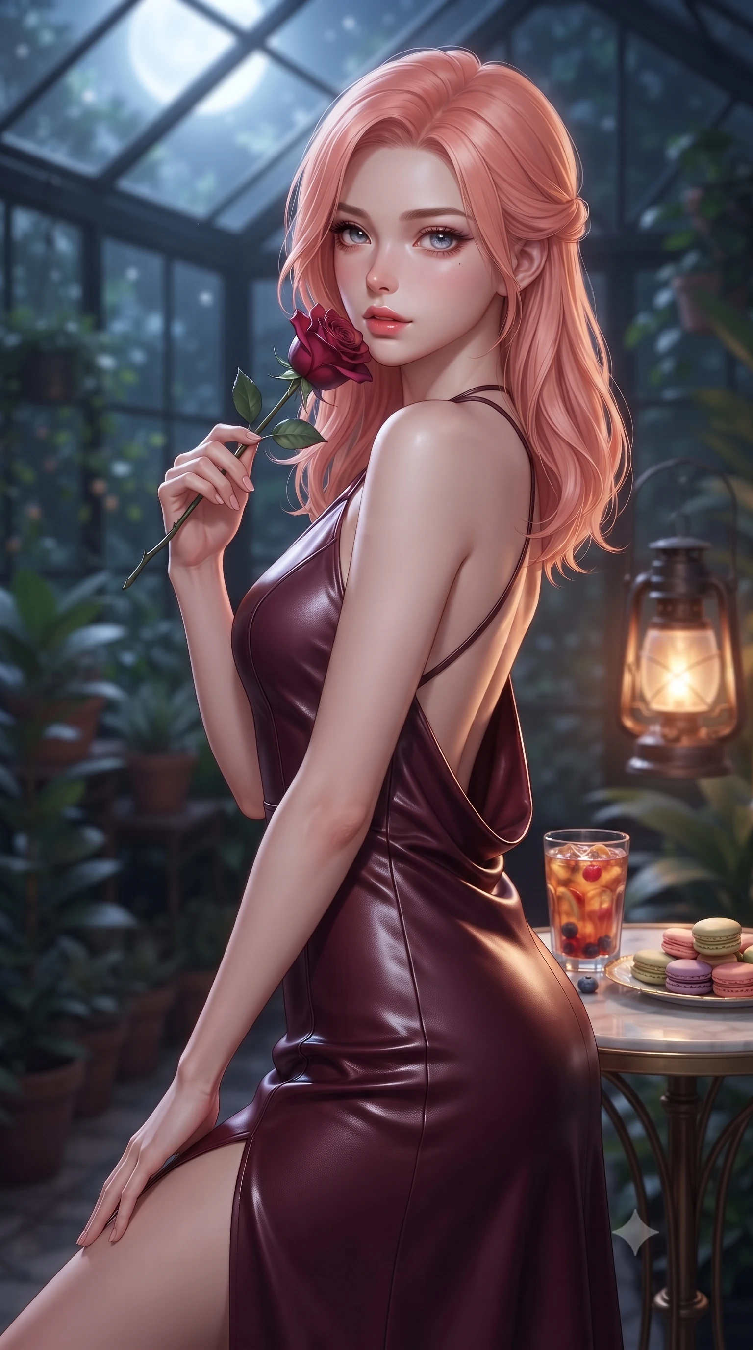 score_9, masterpiece, best quality, ultra-detailed, high-budget anime keyframe, editorial fashion photography, tasteful artistic composition, Japanese woman. close-up cowboy shot from the waist and thighs up, the character dominates the composition, filling the frame with her large presence, background elements kept in soft focus. gasping softly with a charming expression, holding a rose stem near her cheek with a magnetic stare set against a soft-focus background of inside an exclusive botanical greenhouse with a glass of iced fruit tea and delicate macaron pastries arranged on the table. She has an exceptionally elegant, slender, and willowy female figure with an ultra-slim waist, a gracefully sculpted slender torso, and a refined silhouette. sharp v-shaped jawline, high-bridge nose, intricate jewel-like eyes with depth, thick eyelashes, glossy lips with a natural sheen. wearing tailored deep burgundy glossy leather backless linen halter dress featuring delicate straps and a draped open-back design featuring refined tailored seams. illuminated by soft silver moonlight contrasting with the warm amber glow of a nearby lamp. ultra-reflective glossy finish, specular highlights, metallic sheen, high-contrast stereoscopic depth, volumetric dynamic lighting, 2k, ultra detail, master piece, 9:16 ratio