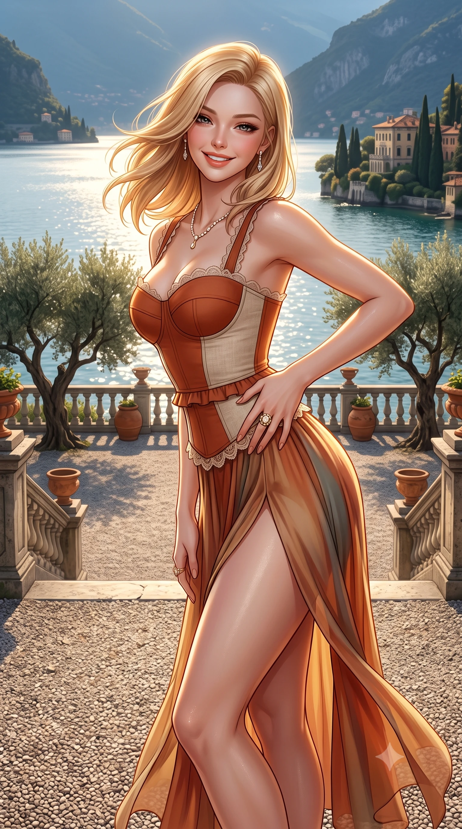 score_9, masterpiece, best quality, ultra-detailed, high-budget anime keyframe, semi-realistic 3D game render, editorial fashion photography, tasteful artistic composition, Korean woman. close-up cowboy shot from the waist and thighs up, the character dominates the composition, filling the frame with her large presence. leaning forward with playful sun-kissed grace while arching her lower back to accentuate her curvy hips, looking into the camera with a radiant teasing smile and alluring bedroom-eyes while pausing gracefully on the gravel garden terrace with one hand resting on her narrow waist, her statuesque presence commanding the lake vista. The surrounding environment is rendered in vivid detail and crisp panoramic clarity. detailed linen or silk fabric weave, diamond jewelry glints, and Italian historic villa architecture in high resolution. She has an exceptionally elegant, slender, and willowy female figure with an ultra-slim waist, flat toned midriff, narrow ribcage, and sculpted feminine hips creating an alluring, slim hourglass silhouette without bulk. sharp v-shaped jawline, high-bridge nose, sparkling amber-hazel eyes with depth, long lush eyelashes, glossy sun-kissed lips with a warm coral glaze, radiant teasing smile with sensual sunlit bedroom-eyes, exuding effortless old-money elegance and intoxicating sun-drenched allure, flawlessly proportioned anatomical accuracy, strict slender model proportions, natural body alignment, perfectly sculpted long slender limbs, ultra-slim waistline, clean dynamic posture without body distortion. wearing a flowing high-slit silk chiffon resort skirt paired with an architectural bustier top framing her flat midriff in Mediterranean terracotta and warm oatmeal beige, crafted from fine lightweight breathable linen with an effortless natural drape, finished with subtle ruffle trims and delicate scallop lace edging, the liquid-tight tailored fabric clinging flawlessly to her narrow waist and rounded feminine hips, emphasizing every millimeter of her sculpted slim hourglass curves without any bulky heaviness. illuminated by lake water specular bounce and warm golden rim light defining her sculpted midriff, narrow waist, and curvy hips. highly saturated vibrant anime colors, detailed shading with soft gradients, rich glossy textures, high-contrast stereoscopic depth, volumetric dynamic lighting, master piece, 9:16 ratio