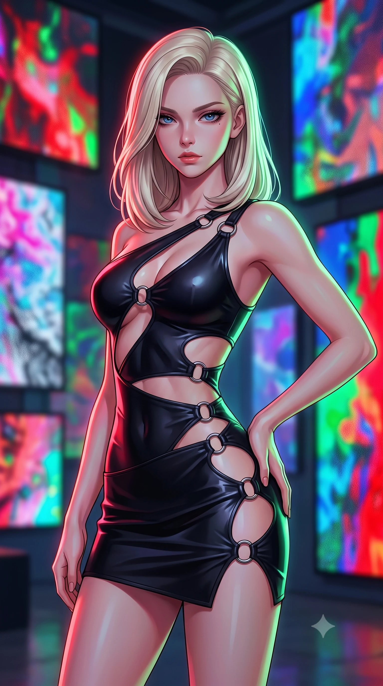 score_9, masterpiece, best quality, ultra-detailed, high-budget anime keyframe, editorial fashion photography, tasteful artistic composition, Caucasian woman woman. close-up cowboy shot from the waist and thighs up, the character dominates the composition, filling the frame with her large presence, background elements kept in soft focus. She has an exceptionally elegant, slender, and willowy female figure with an ultra-slim waist, a gracefully sculpted slender torso, and a refined silhouette. casting a slow, direct gaze beneath heavy lashes with magnetic intensity, flawlessly proportioned anatomical accuracy, natural body alignment, perfectly sculpted elegant limbs, clean dynamic posture without body distortion. set against a soft-focus background of a high-end gallery with RGB noise digital canvas displays. wearing an asymmetric cut-out mini dress in matte black latex with silver ring accents. bathed in dynamic shifting RGB neon lights creating dramatic high-contrast rim light. highly saturated vibrant anime colors, detailed shading with soft gradients, rich glossy textures, high-contrast stereoscopic depth, volumetric dynamic lighting, master piece, 9:16 ratio