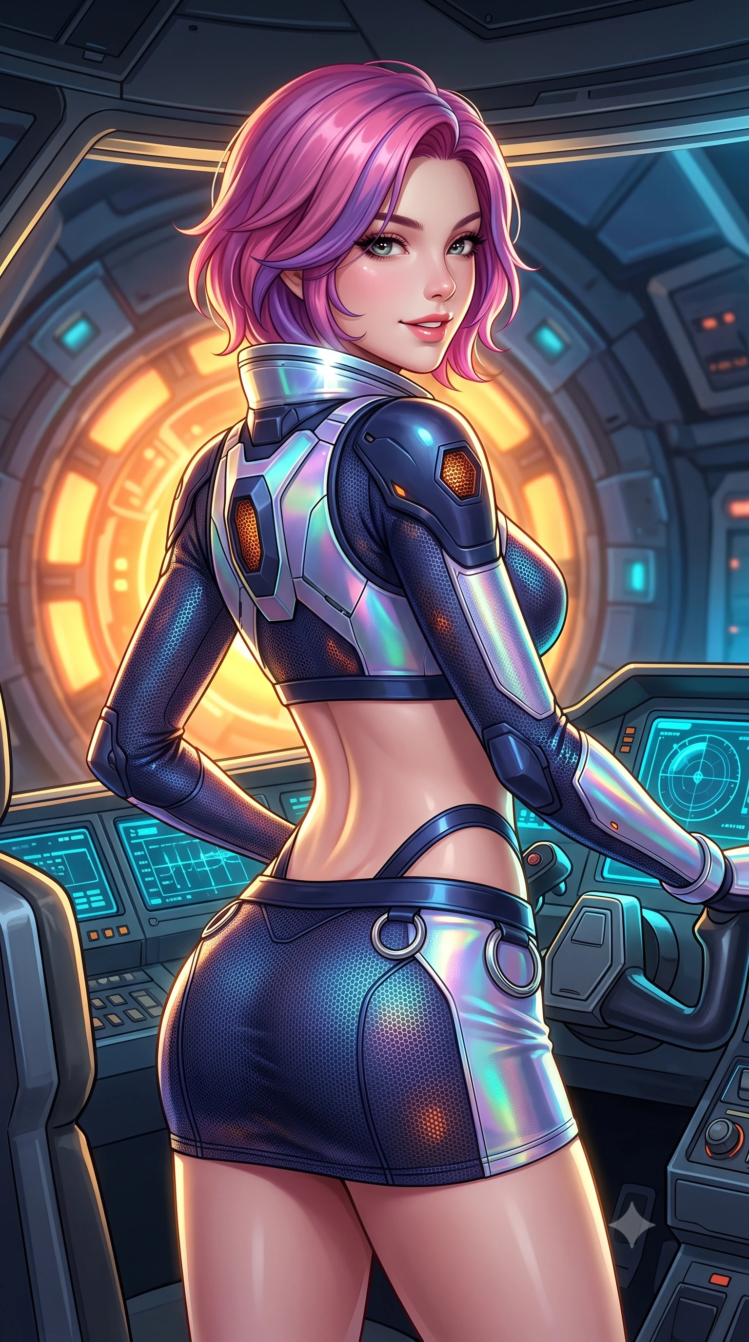 score_9, masterpiece, best quality, ultra-detailed, high-budget anime keyframe, semi-realistic 3D game render, editorial fashion photography, tasteful artistic composition, Caucasian woman. close-up cowboy shot from the waist and thighs up, the character dominates the composition, filling the frame with her large presence. posing in an alluring rear three-quarter angle, turning over a bare shoulder with an intoxicating gaze, her hips cocked back to highlight her slim hourglass curve against the glowing reactor while twisting her slender torso in an alluring contrapposto stance beside the flight yoke, glowing cockpit avionics tracing her tight suit curves. The surrounding environment is rendered in vivid detail and crisp panoramic clarity: detailed flight suit texture, specular solar highlights on helmet collar, and spacecraft interior precision in high resolution. She has an exceptionally elegant, slender, and willowy female figure with an ultra-slim waist, flat toned midriff, narrow ribcage, and sculpted feminine hips creating an alluring, slim hourglass silhouette without bulk. sharp v-shaped jawline, high-bridge nose, intricate jewel-like sparkling eyes with depth, thick eyelashes, glossy parted lips with a natural sheen, bright confident smile with an enchanting and coquettish sensual glint, exuding both youthful magnetic charm and sovereign high-tech allure, flawlessly proportioned anatomical accuracy, strict slender model proportions, natural body alignment, perfectly sculpted long slender limbs, ultra-slim waistline, clean dynamic posture without body distortion. wearing a modern mecha-suit two-piece set featuring a cropped armored bolero top and micro tactical skirt with chrome rings in midnight navy blue and holographic iridescent shimmer, woven from delicate semi-opaque high-tensile nano-mesh with intricate hexagonal micro-patterns, accented with subtle hexagonal heat-sink vents glowing with dim orange thermal heat, the form-fitting tactical tailoring adhering flawlessly to her sculpted flat midriff and slender torso, emphasizing her long leg lines and perfectly proportioned willowy build. illuminated by instrument panel cyan bounce and sharp golden rim lights sculpting her sculpted collarbones, ultra-slim waist, and curvy hips. highly saturated vibrant anime colors, detailed shading with soft gradients, rich glossy textures, high-contrast stereoscopic depth, volumetric dynamic lighting, master piece, 9:16 ratio
