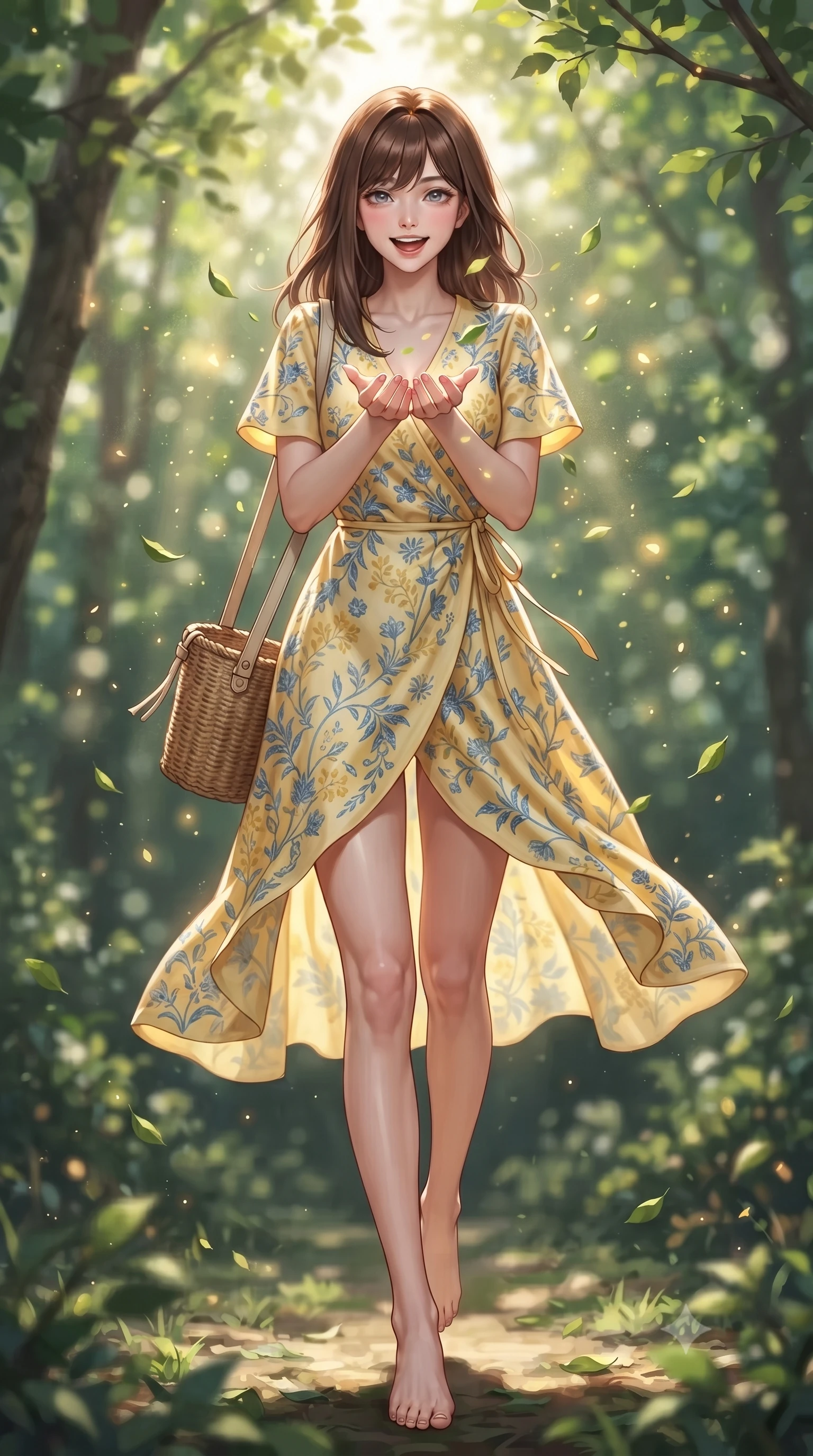 score_9, masterpiece, best quality, ultra-detailed, high-budget anime keyframe, editorial fashion photography, tasteful artistic composition, Korean woman. low angle full-body shot from head to toe showing her feet, filling the entire 9:16 vertical frame with her statuesque presence, stretching her vertical silhouette. stepping forward gracefully in mid-motion with a delighted cute laugh, displaying her tall slender model proportions while catching dancing sunbeams and falling green leaves with cupped hands in a joyful, dynamic pose. The composition keeps background elements in soft focus with creamy bokeh. dappled sunbeams filtering through tree leaves scattering celestial golden light motes. She has an absolutely perfect, statuesque 8.5-heads proportion, an exceptionally tall and slender model-like female figure with impossibly long slender legs, a toned flat midriff, and an ultra-slim waist. sharp v-shaped jawline, high-bridge nose, intricate jewel-like eyes with depth, thick eyelashes, glossy lips with a natural sheen, pure and lovely fresh girlhood expression, flawlessly proportioned anatomical accuracy, strict slender model proportions, natural body alignment, perfectly sculpted long slender limbs, ultra-slim waistline, clean dynamic posture without body distortion. wearing a romantic wrap-style linen sundress with subtle botanical embroidery and a dainty waist tie in sunny daffodil yellow and french blue, crafted from smooth fluid silk satin with a natural gentle sheen, accessorized with a rustic woven wicker bag and canvas strap, the body-hugging lightweight knit clinging delicately to her slender torso, accentuating her graceful neck and feminine lines. surrounded by a pure, healing, and magically enchanting forest fairy maiden aura. ultra-reflective glossy finish, specular highlights, rich natural textures, high-contrast stereoscopic depth, volumetric dynamic lighting, 2k, ultra detail, master piece, 9:16 ratio