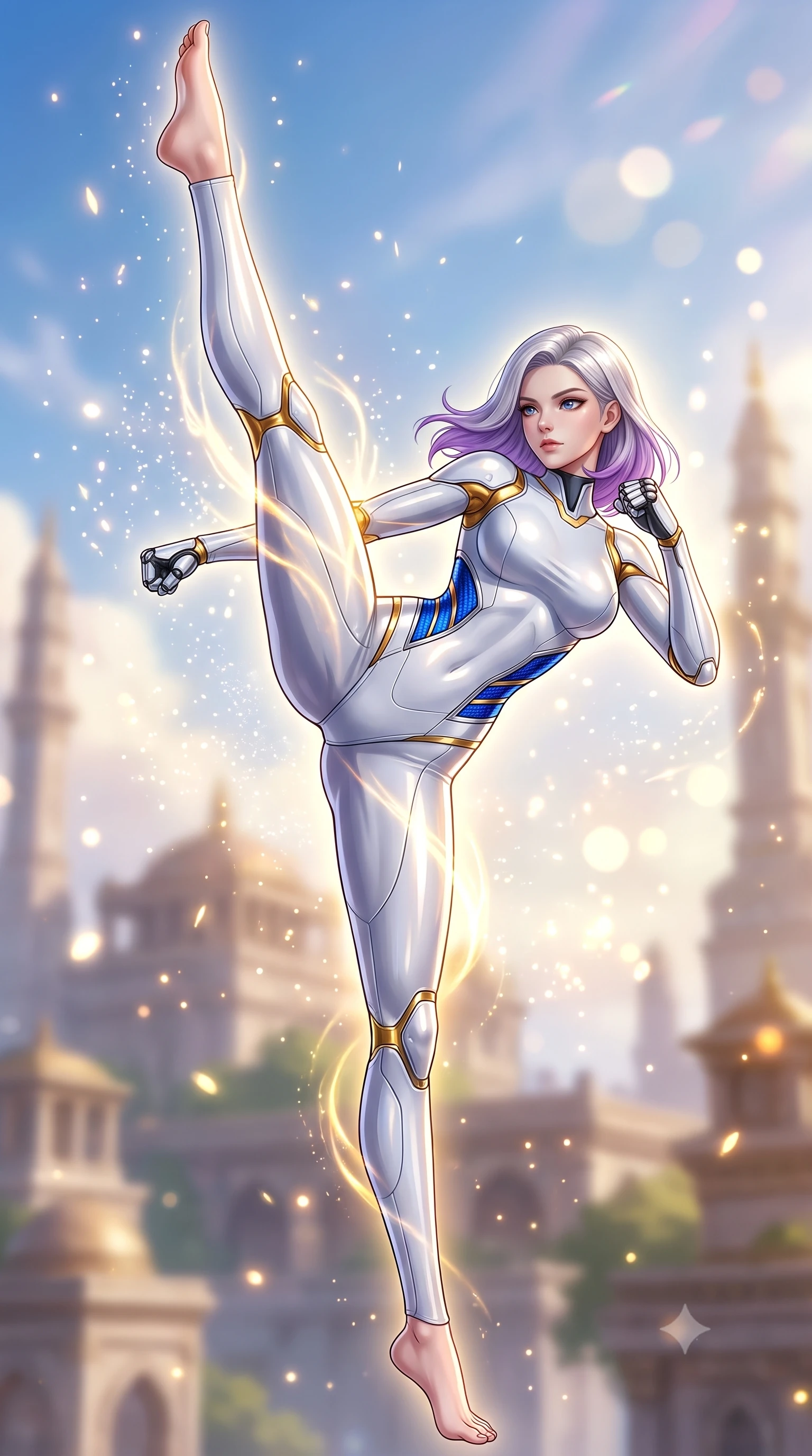 score_9, masterpiece, best quality, ultra-detailed, high-budget anime keyframe, semi-realistic 3D game render, editorial fashion photography, tasteful artistic composition, Caucasian woman. low angle full-body shot from head to toe showing her feet, filling the entire 9:16 vertical frame with her statuesque presence, stretching her vertical silhouette. executing a breathtaking zero-gravity high-kick with full 180-degree vertical extension, her impossibly long slender legs dominating the frame with razor-sharp poise while arching her spine in a fluid zero-gravity turn as golden energy waves pulse through the Damascus-pattern carbon weave of her suit. The composition keeps background elements in soft focus with creamy bokeh. sparkling energy particles and golden light motes scattering radiance across a sacred sky backdrop. She has an absolutely perfect, statuesque 8.5-heads proportion, an exceptionally tall and slender model-like female figure with impossibly long slender legs, a toned flat midriff, and an ultra-slim waist. sharp v-shaped jawline, high-bridge nose, intricate jewel-like eyes with depth, thick eyelashes, glossy lips with a natural sheen, flawlessly proportioned anatomical accuracy, strict slender model proportions, natural body alignment, perfectly sculpted long slender limbs, ultra-slim waistline, clean dynamic posture without body distortion. wearing a form-contouring arctic white carbon-composite martial arts leotard with solar gold articulation joints and diagonal midriff vents in electric cobalt blue carbon with polished platinum trim, formed from high-gloss patent carbon-plating with specular chiaroscuro reflections, detailed with magnetic knuckle shock-absorbers and polished chrome articulation joints, the liquid-tight tailored fabric emphasizing every curve of her tall, slender model proportions and sculptured silhouette during dynamic movement. surrounded by an awe-inspiring, ancient, and radiantly transcendent martial muse sovereignty aura. rich saturated anime colors with glowing neon highlights, detailed shading with soft gradients, rich glossy textures, high-contrast stereoscopic depth, volumetric dynamic lighting, master piece, 9:16 ratio