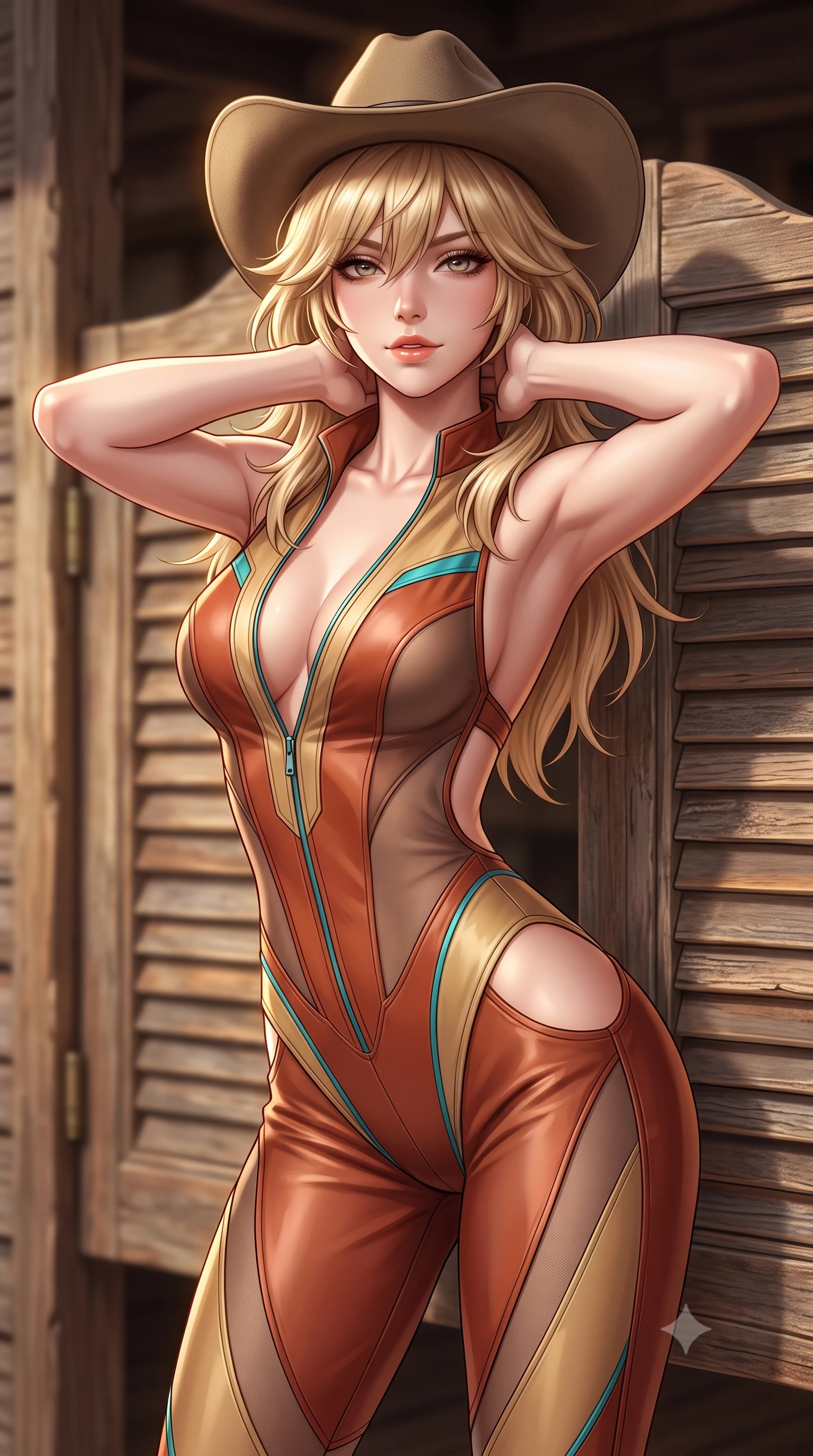 score_9, masterpiece, best quality, ultra-detailed, high-budget anime keyframe, semi-realistic 3D game render, editorial fashion photography, tasteful artistic composition, Japanese woman. close-up cowboy shot from the waist and thighs up, the character dominates the composition, filling the frame with her large presence. resting both hands lightly behind her neck with elbows raised, arching her spine to highlight her narrow waist, flat midriff, and breathtaking collarbones while leaning against the weathered saloon swinging doors with hips cocked back, looking through thick eyelashes with a smoldering bedroom-gaze. The background shows a soft-focus vintage saloon swinging louver doors softened in authentic western shallow focus. She has an exceptionally elegant, slender, and willowy female figure with an ultra-slim waist, flat toned midriff, narrow ribcage, and sculpted feminine hips creating an alluring, slim hourglass silhouette without bulk. sharp v-shaped jawline, high-bridge nose, sparkling eyes with hypnotic seductive depth, thick curled eyelashes, glossy parted lips with a natural dewy peach sheen, alluring bedroom-eyes with an enchanting coquettish smile, exuding magnetic siren charisma and sophisticated glamour, flawlessly proportioned anatomical accuracy, strict slender model proportions, natural body alignment, perfectly sculpted long slender limbs, ultra-slim waistline, clean dynamic posture without body distortion. wearing a backless plunge-front second-skin leatherette biker jumpsuit with zip front and high-cut leg openings in terracotta rust and desert sand gold with turquoise accents, made of semi-opaque stretch illusion mesh with soft shadowy contours, finished with a wide-brimmed felt cowboy hat tipped back to frame her face and long glossy hair, the precision-cut side openings and low-back scoop framing her graceful spine and the sensual sweep of her slim, toned hips. illuminated by boardwalk wood reflection bounce and sharp golden rim lights defining her razor-sharp jawline, flat midriff, and curvy hips. highly saturated vibrant anime colors, detailed shading with soft gradients, rich glossy textures, high-contrast stereoscopic depth, volumetric dynamic lighting, master piece, 9:16 ratio