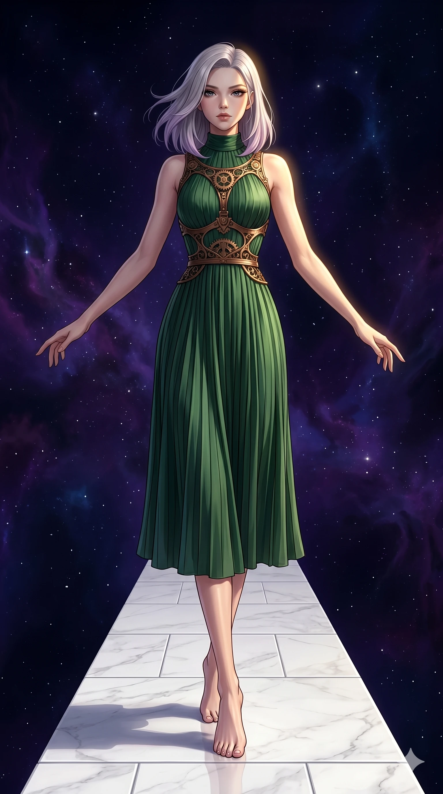 score_9, masterpiece, best quality, ultra-detailed, high-budget anime keyframe, editorial fashion photography, tasteful artistic composition, Caucasian woman, strictly human ears. low angle full-body shot from head to toe showing her feet, filling the entire 9:16 vertical frame with her statuesque presence, stretching her vertical silhouette. Balancing with elegant poise on tiptoe with arms extended on a pathway of white marble tiles floating in a dark void of purple nebula gas. She has an absolutely perfect 8-heads proportion, an exceptionally tall and slender female figure with impossibly long slender legs and an ultra-slim waist. V-shaped jawline, high-bridge nose, intricate jewel-like eyes with depth, thick eyelashes, glossy lips with a natural sheen. wearing a sculpted bronze harness with gear-inspired details worn over a structured high-neck midi dress in forest green pleated silk. lit by dramatic chiaroscuro with a single golden key light carving her facial contours and figure. 2k, ultra detail, master piece, 9:16 ratio
