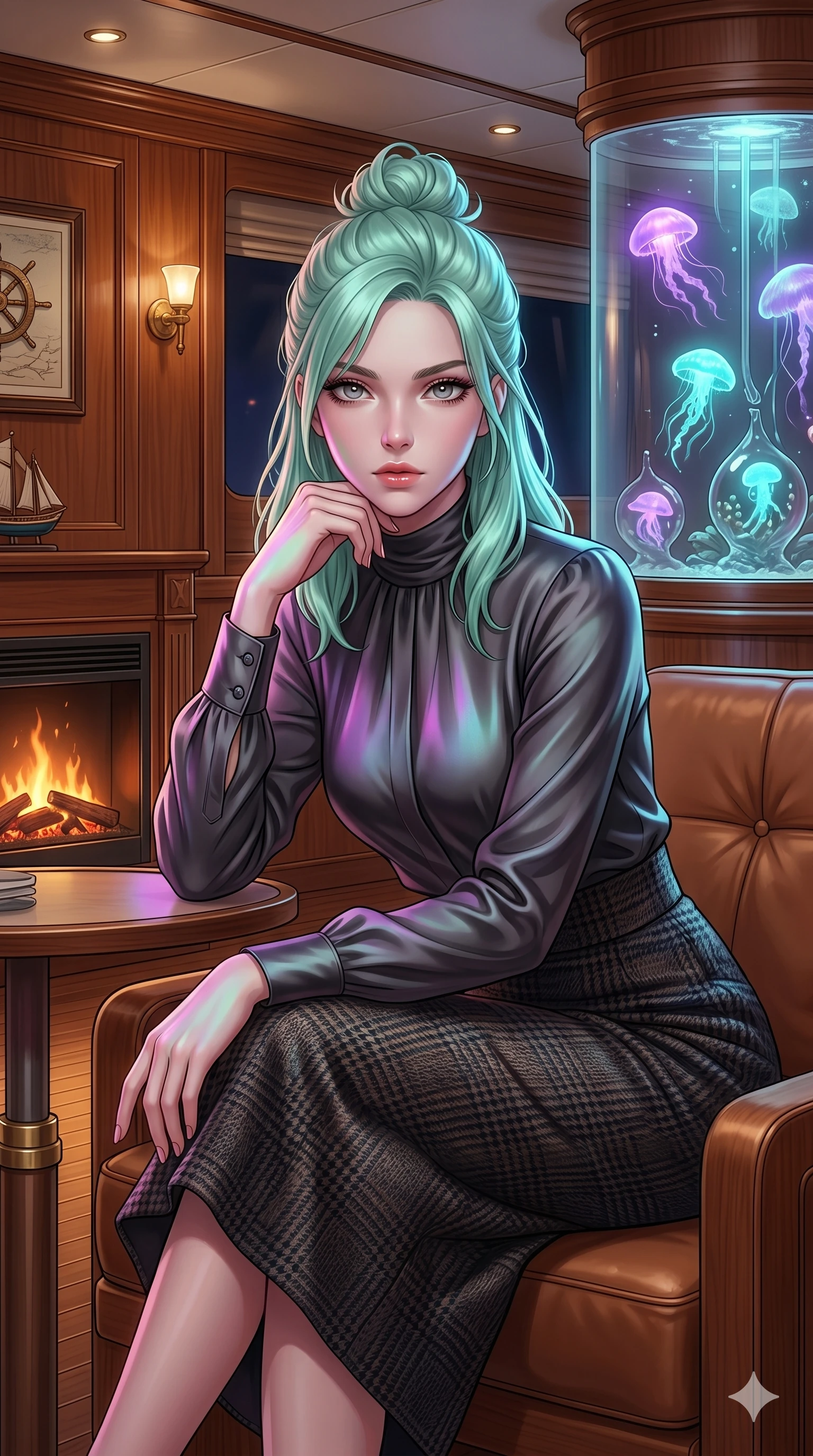 score_9, masterpiece, best quality, ultra-detailed, high-budget anime keyframe, editorial fashion photography, tasteful artistic composition, Japanese woman. cowboy shot from the thighs up, character and outfit filling the frame for maximum editorial presence. sitting near the fire, resting her chin on her hand, looking directly into the camera inside a luxury yacht cabin room with wood paneling (Code-P17-047). She has an absolutely perfect 8-heads proportion, an exceptionally tall and slender female figure with impossibly long slender legs and an ultra-slim waist. V-shaped jawline, high-bridge nose, intricate jewel-like eyes with depth, thick eyelashes, glossy lips with a natural sheen. wearing a high-neck tailored silk shirt under a high-waist midi skirt. soft purple and cyan light from the floating organisms, casting a magical aura on her. 2k, ultra detail, master piece, 9:16 ratio