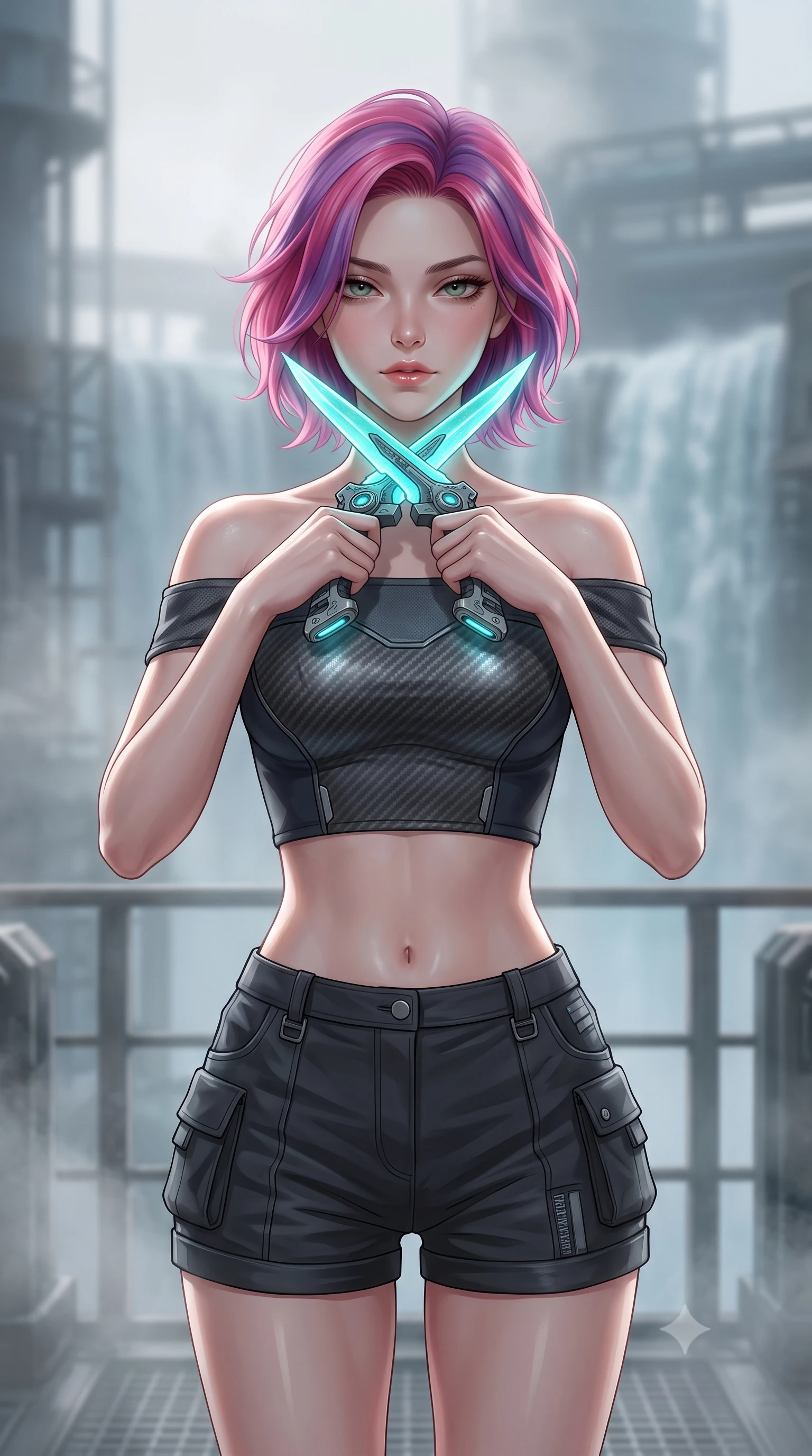 score_9, masterpiece, best quality, ultra-detailed, high-budget anime keyframe, editorial fashion photography, tasteful artistic composition, Caucasian woman. close-up cowboy shot from the waist and thighs up, the character dominates the composition, filling the frame with her large presence, background elements kept in soft focus. holding two energy daggers crossed in front of her elegant collarbone, casting a heavy-lidded, sultry look, the background shows a soft-focus a steam turbine deck facing a misty waterfall of industrial cooling water. She has an exceptionally elegant, slender, and willowy female figure with an ultra-slim waist, a gracefully sculpted slender torso, and a refined silhouette. sharp v-shaped jawline, high-bridge nose, intricate jewel-like eyes with depth, thick eyelashes, glossy lips with a natural sheen. wearing a tailored chic off-shoulder carbon-plate crop top, paired with high-waisted utility micro-shorts. soft morning mist diffusing the sunlight, creating a tranquil, cozy wash. highly saturated vibrant anime colors, detailed shading with soft gradients, rich glossy textures, high-contrast stereoscopic depth, volumetric dynamic lighting, master piece, 9:16 ratio