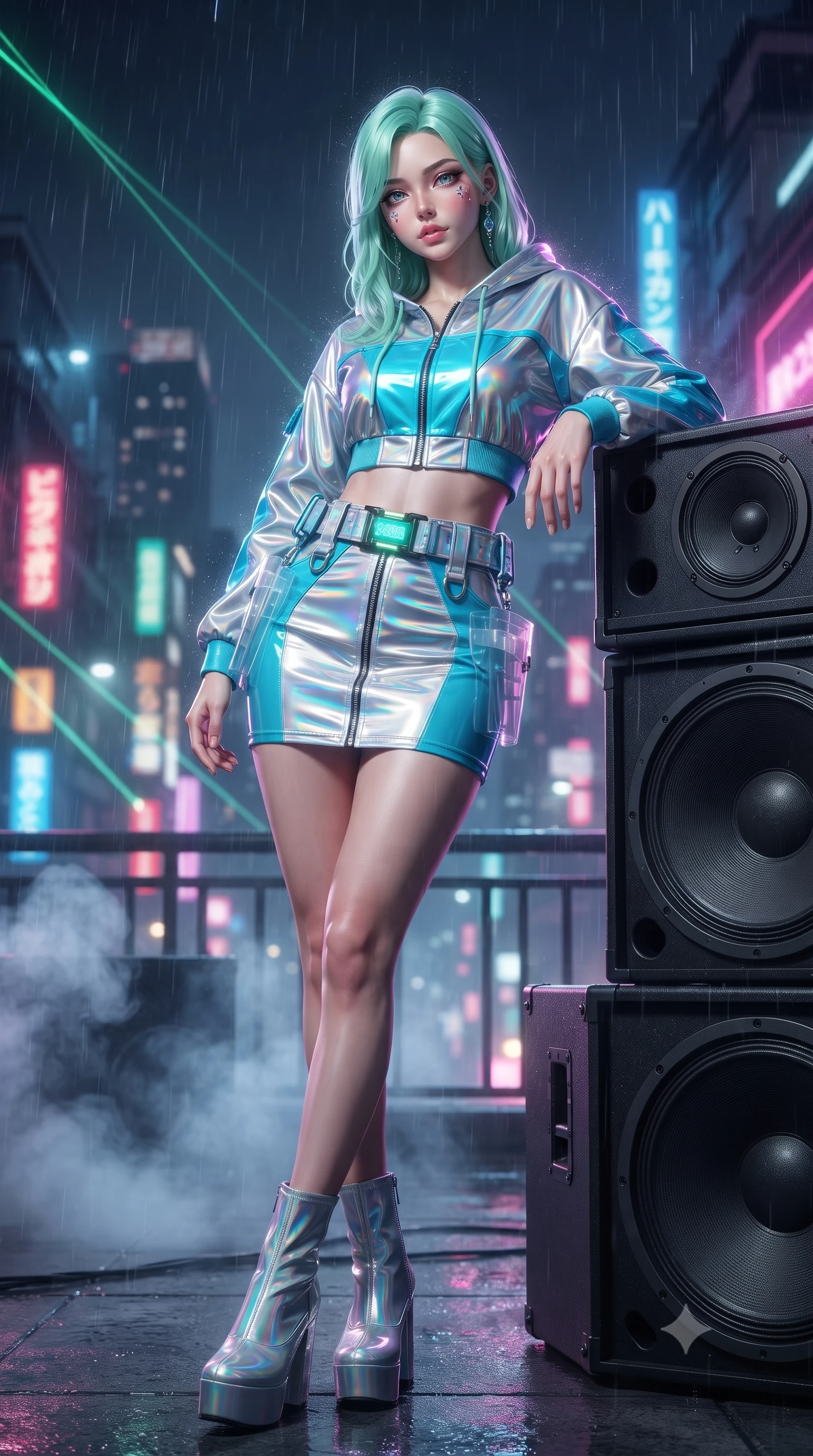 score_9, masterpiece, best quality, ultra-detailed, high-budget anime keyframe, editorial fashion photography, tasteful artistic composition, Japanese woman. low angle full-body shot from head to toe showing her feet, filling the entire 9:16 vertical frame with her statuesque presence, stretching her vertical silhouette. standing poised with one hip cocked in an alluring high-fashion pose, her tall 8.5-heads proportions dominating the scene while leaning against a heavy subwoofer speaker stack with confident Y2K attitude and flawless vertical posture. The composition keeps background elements in soft focus with creamy bokeh. drifting smoke machine haze and falling raindrops catching laser beam motes across the rooftop. She has an absolutely perfect, statuesque 8.5-heads proportion, an exceptionally tall and slender model-like female figure with impossibly long slender legs, a toned flat midriff, and an ultra-slim waist. sharp v-shaped jawline, high-bridge nose, intricate jewel-like eyes with depth, thick eyelashes, glossy lips with a natural sheen, captivating and magnetic expression, flawlessly proportioned anatomical accuracy, strict slender model proportions, natural body alignment, perfectly sculpted long slender limbs, ultra-slim waistline, clean dynamic posture without body distortion. wearing a glossy patent-leather mini skirt paired with a zippered crop hoodie and tactical utility belt in holographic silver and electric cyan, formed from high-gloss patent leather with sharp specular chiaroscuro, complemented by a neon LED belt buckle and translucent vinyl holster, the sleek tailored cut tightly hugging her graceful clavicle, narrow waist, and feminine curves with statuesque precision. illuminated by crisp rim lights accentuating her ultra-slim waistline and long athletic limbs. ultra-reflective glossy finish, specular highlights, rich textural contrasts, high-contrast stereoscopic depth, volumetric dynamic lighting, 2k, ultra detail, master piece, 9:16 ratio