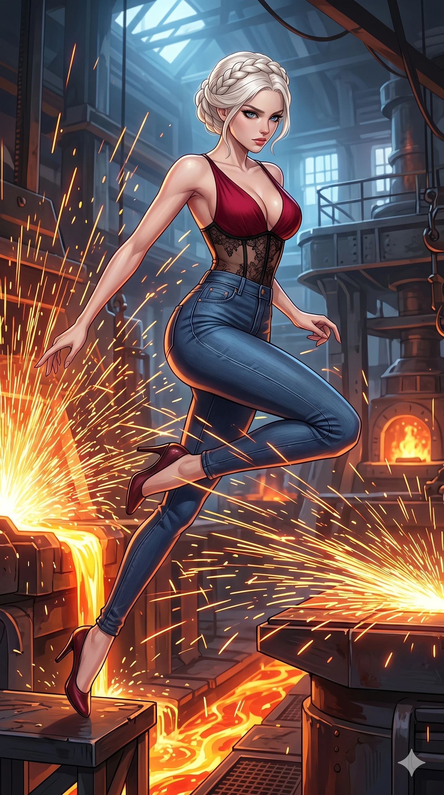 score_9, masterpiece, best quality, ultra-detailed, High-budget Anime Keyframe, beautiful Korean anime girl. Low angle cowboy shot filling the entire 9:16 frame with her statuesque presence. Leaping through a shower of sparks from a giant blacksmith's forge in an industrial palace. She has an absolutely perfect 8-heads proportion, an exceptionally tall and slender female figure with impossibly long slender legs and an ultra-slim waist. Sharp v-shaped jawline, high-bridge nose, intricate jewel-like eyes with depth, thick eyelashes, glossy lips with a natural sheen. Wearing an Urban Trendsetter outfit: deep-cut crimson bodycon dress with high-waist denim and a sheer corset. Background is a bright and colorful forge with glowing molten metal and thousands of orange sparks. 2k, ultra detail, master piece, 9:16 ratio